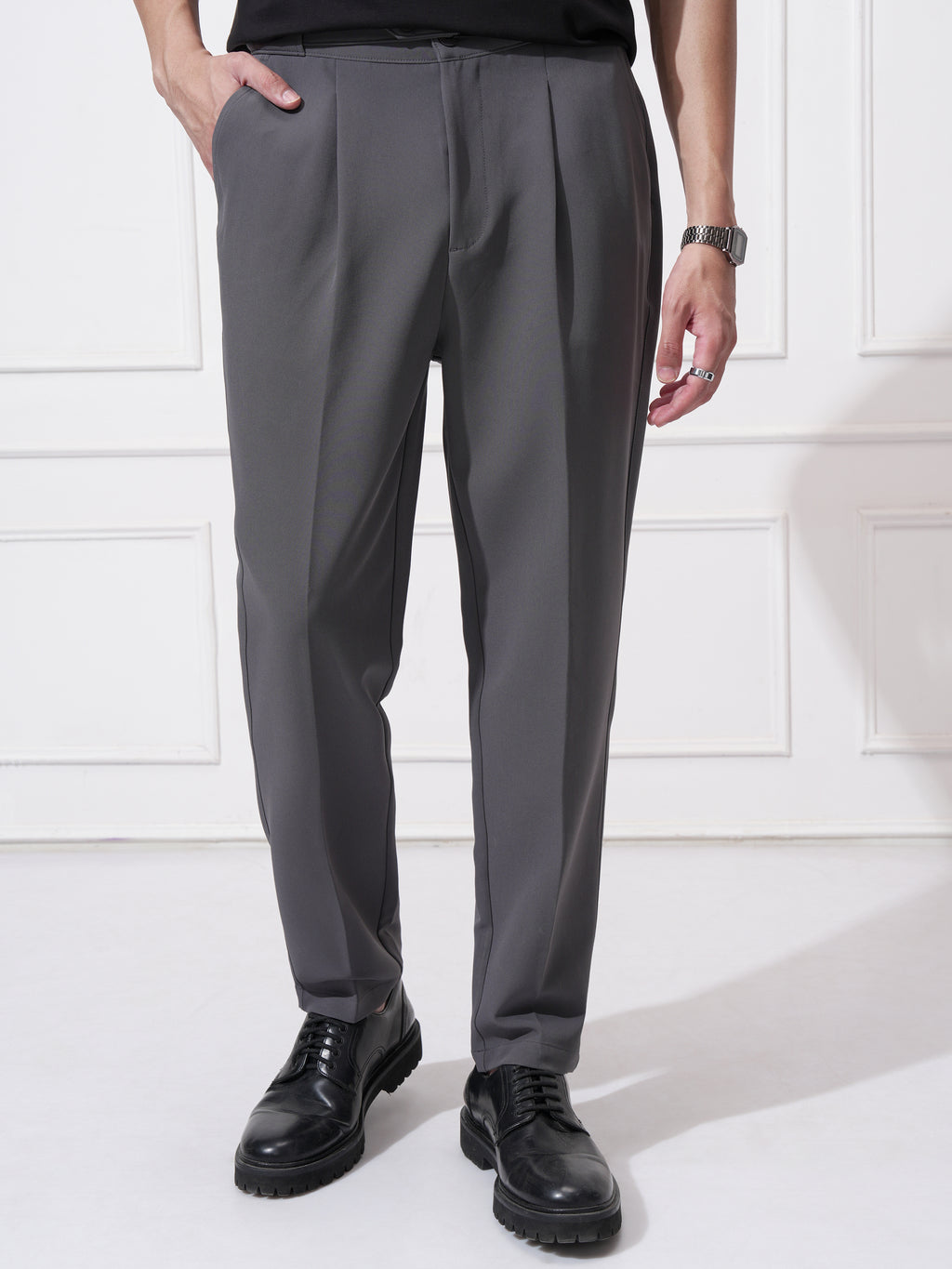 Highlander Men Grey Tapered Fit Solid Korean Pant - Grey - Image 1