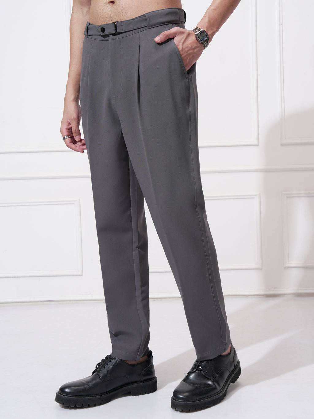 Highlander Men Grey Tapered Fit Solid Korean Pant - Grey - Image 4