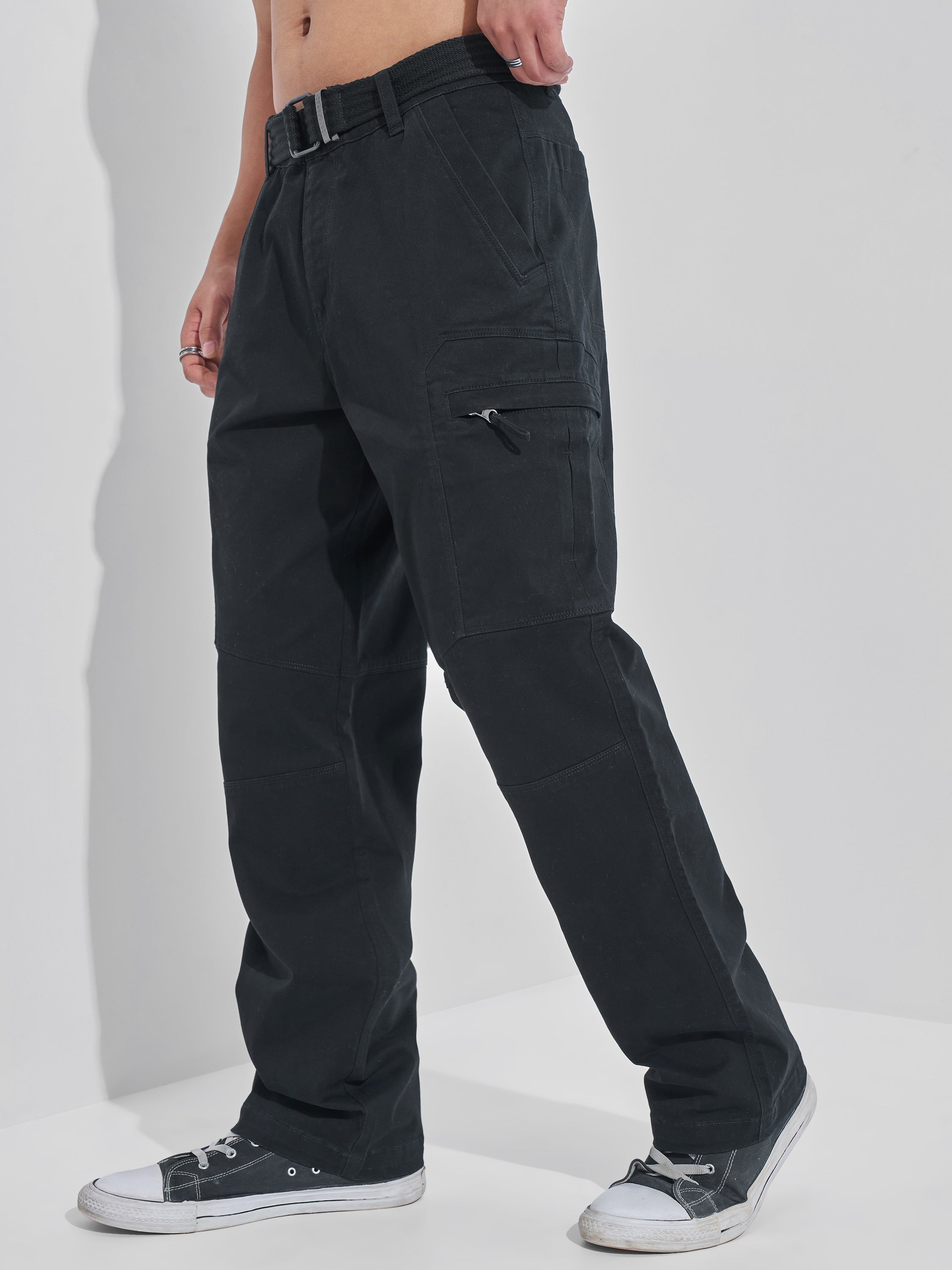 Highlander Men Black Relaxed Fit Solid Cargos - Black - Image 4
