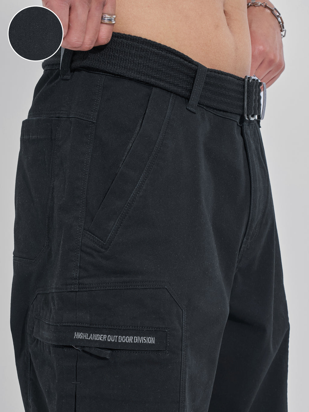 Highlander Men Black Relaxed Fit Solid Cargos - Black - Image 5