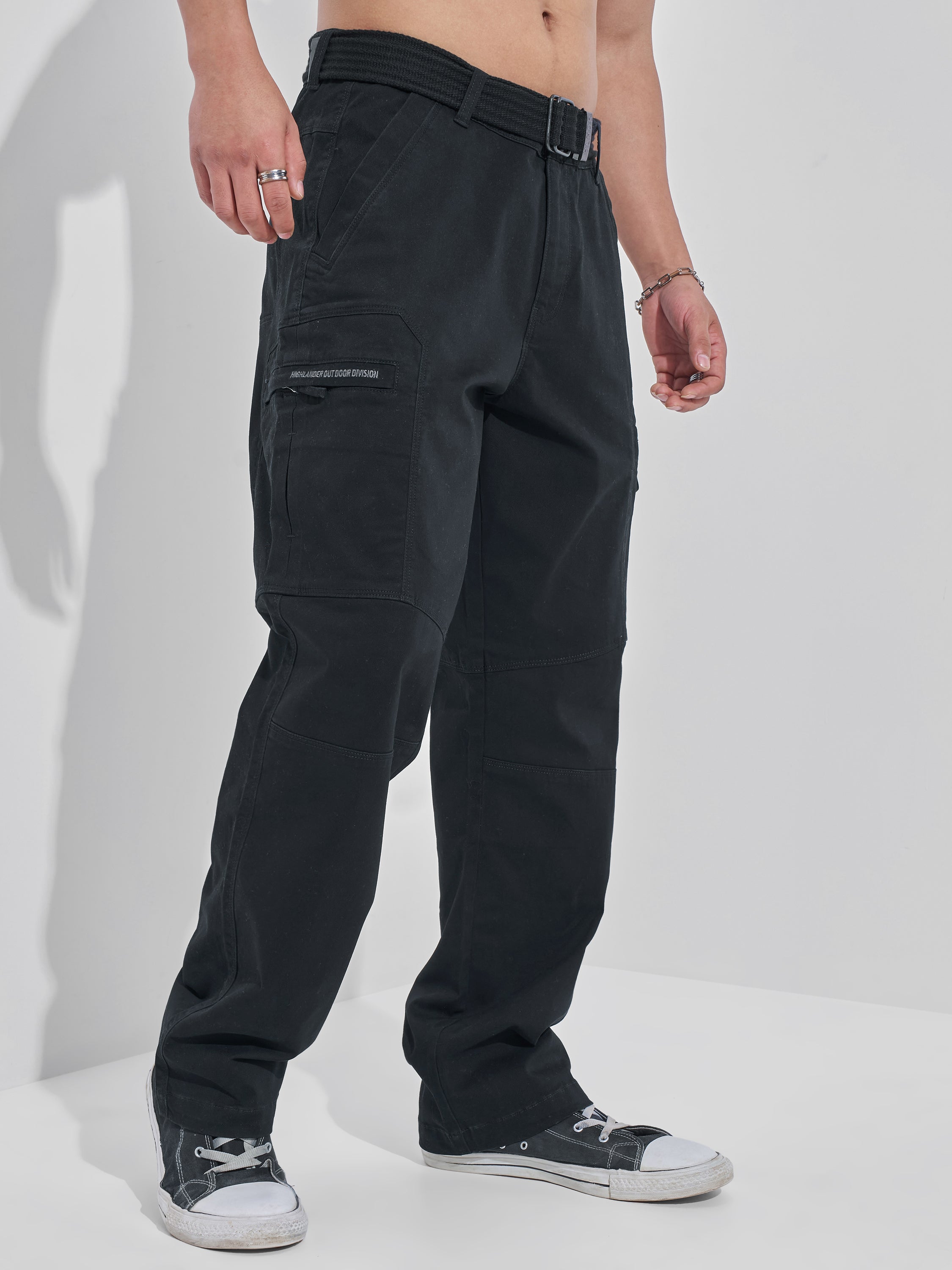 Highlander Men Black Relaxed Fit Solid Cargos - Black - Image 6