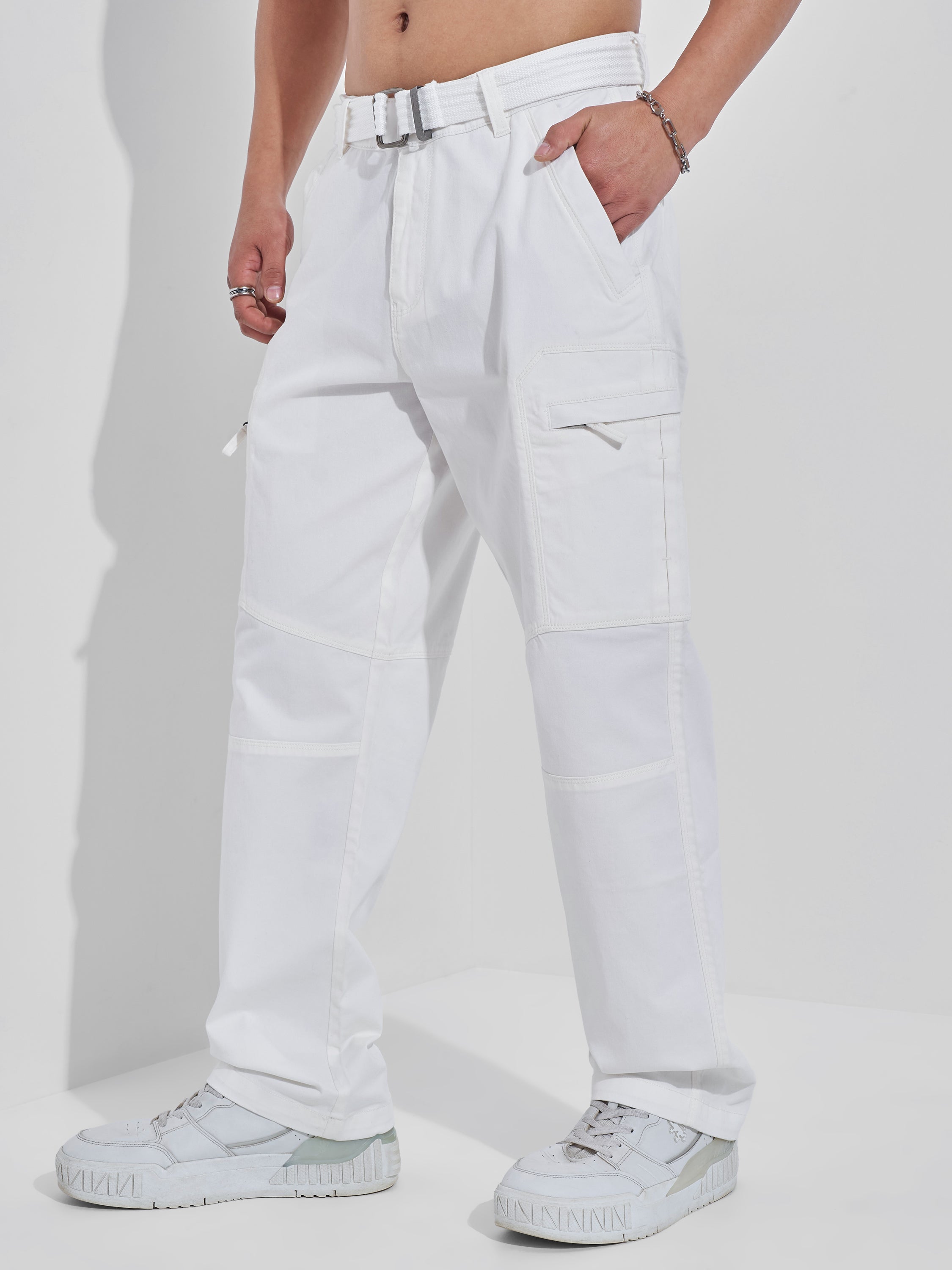 Highlander Men White Relaxed Fit Solid Cargos - White - Image 4