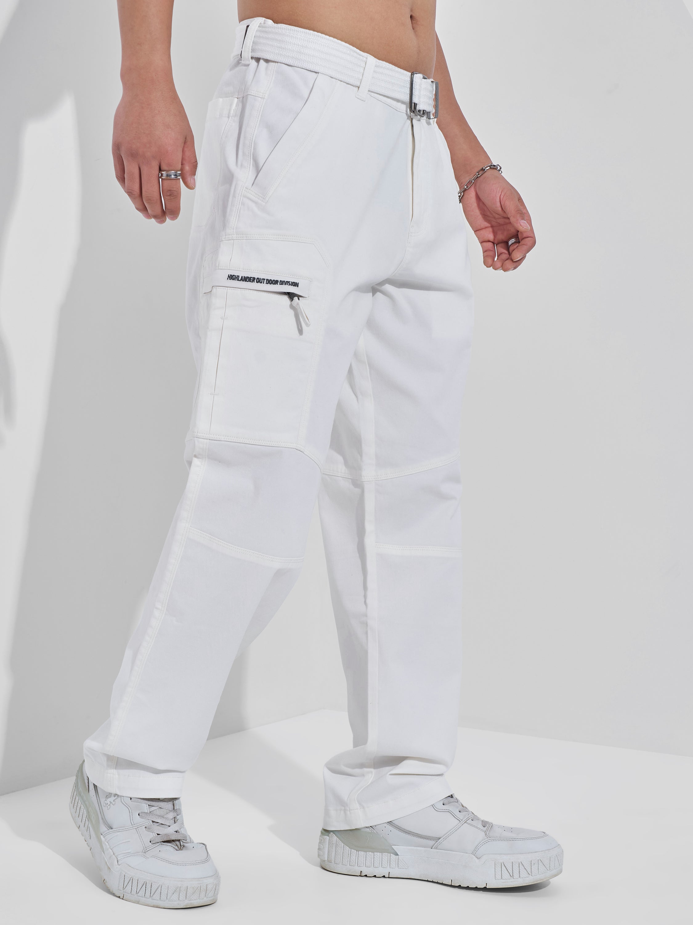 Highlander Men White Relaxed Fit Solid Cargos - White - Image 6