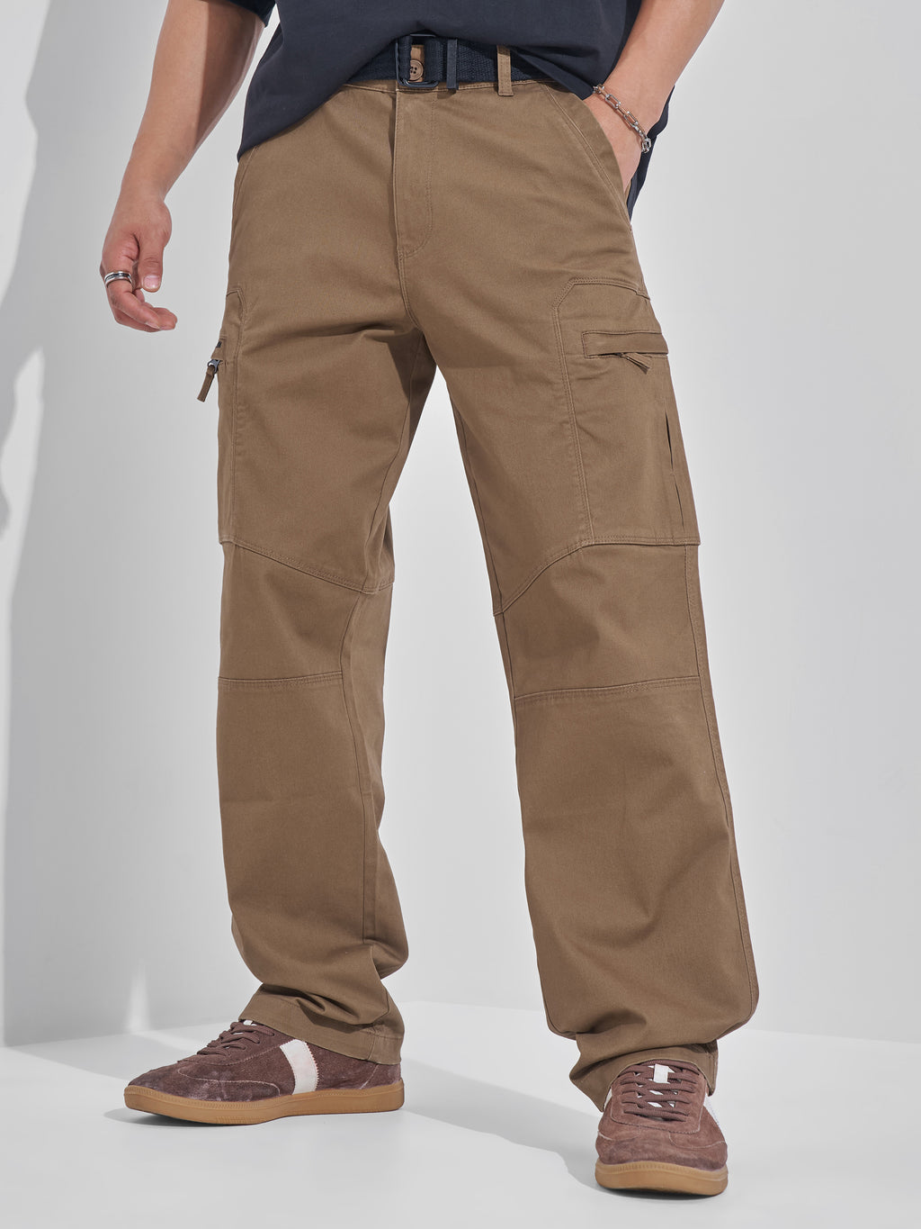 Highlander Men Brown Relaxed Fit Solid Cargos - Brown - Image 1