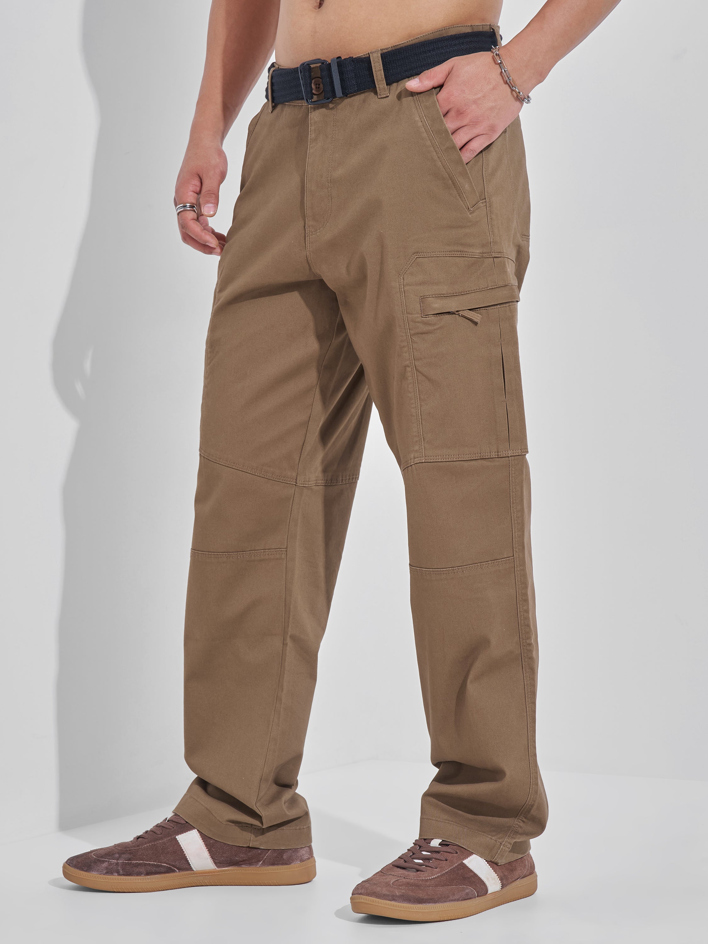 Highlander Men Brown Relaxed Fit Solid Cargos - Brown - Image 4