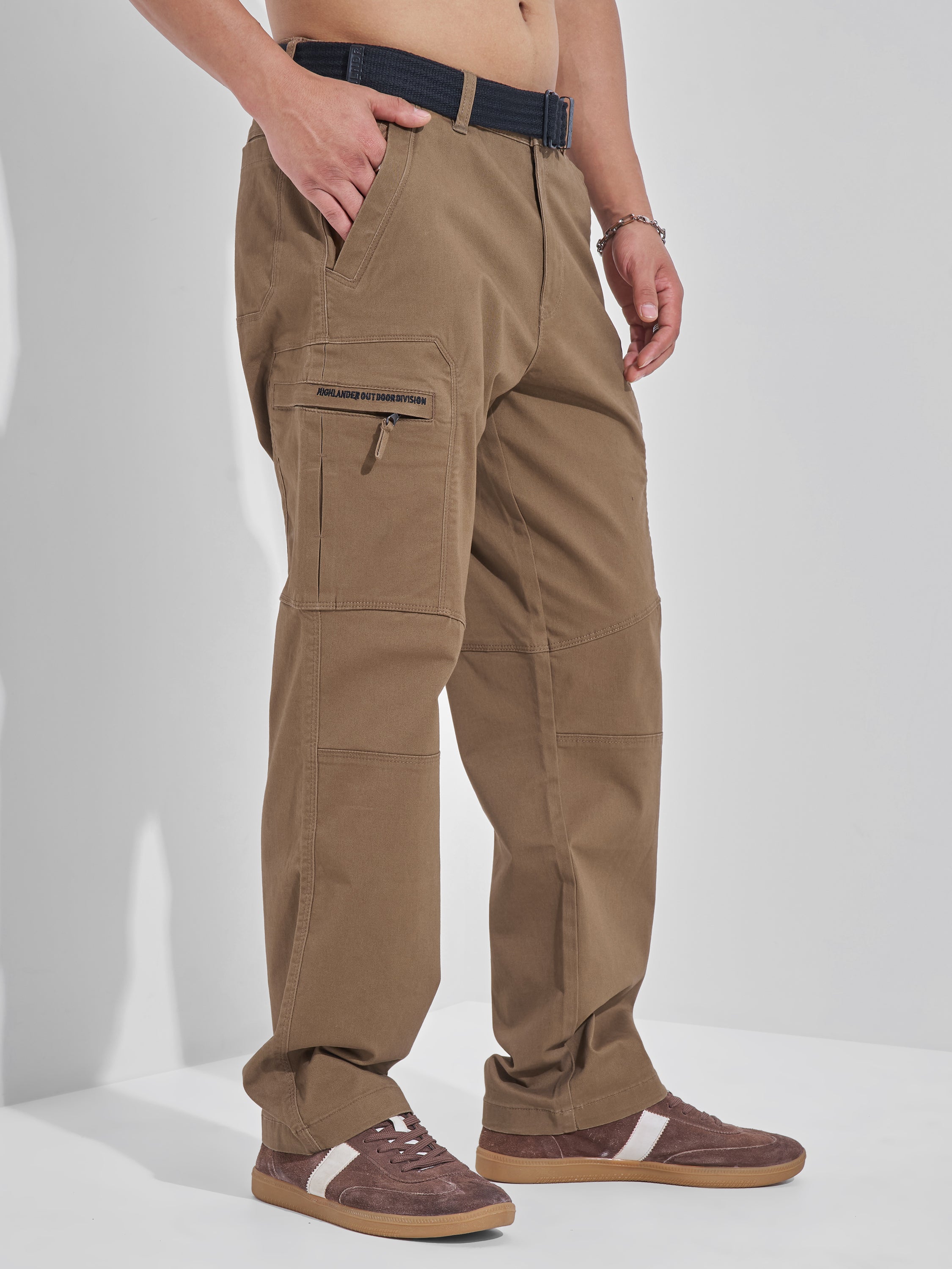 Highlander Men Brown Relaxed Fit Solid Cargos - Brown - Image 6