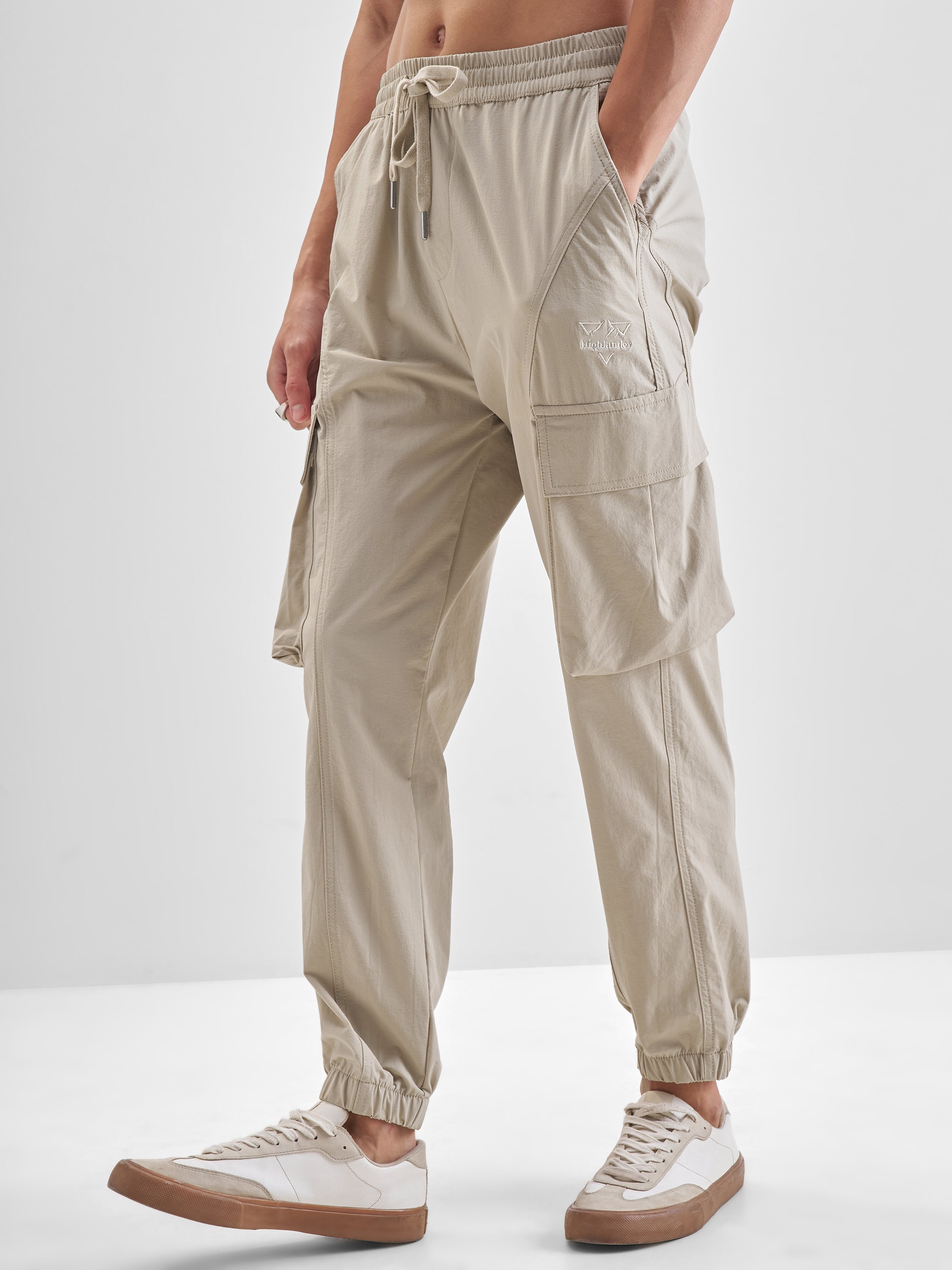 Highlander Men Beige Baggy Fit Solid Cargos - Beige - Image 4