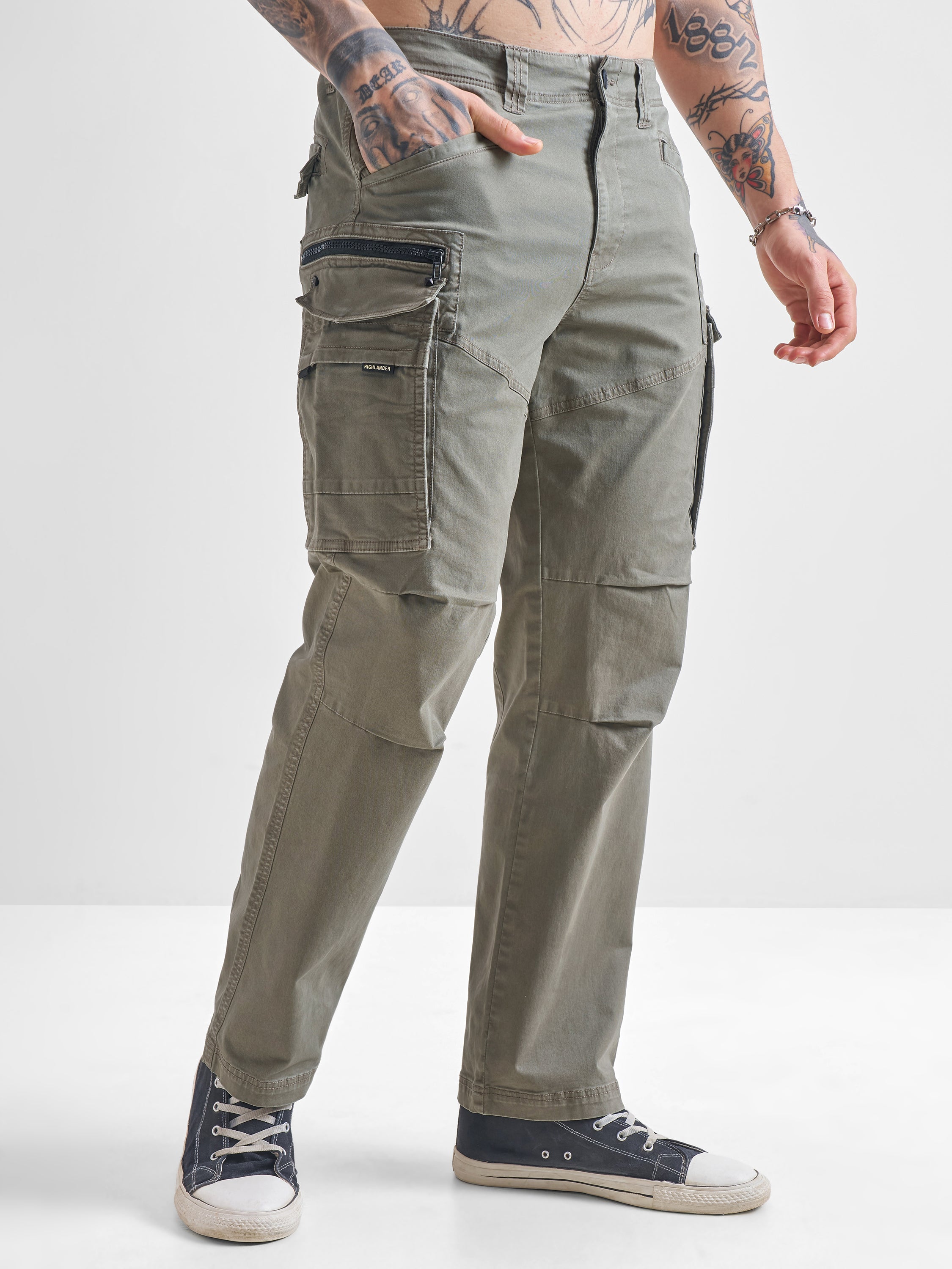 Highlander Men Olive Regular Fit Solid Cargos - Olive - Image 6