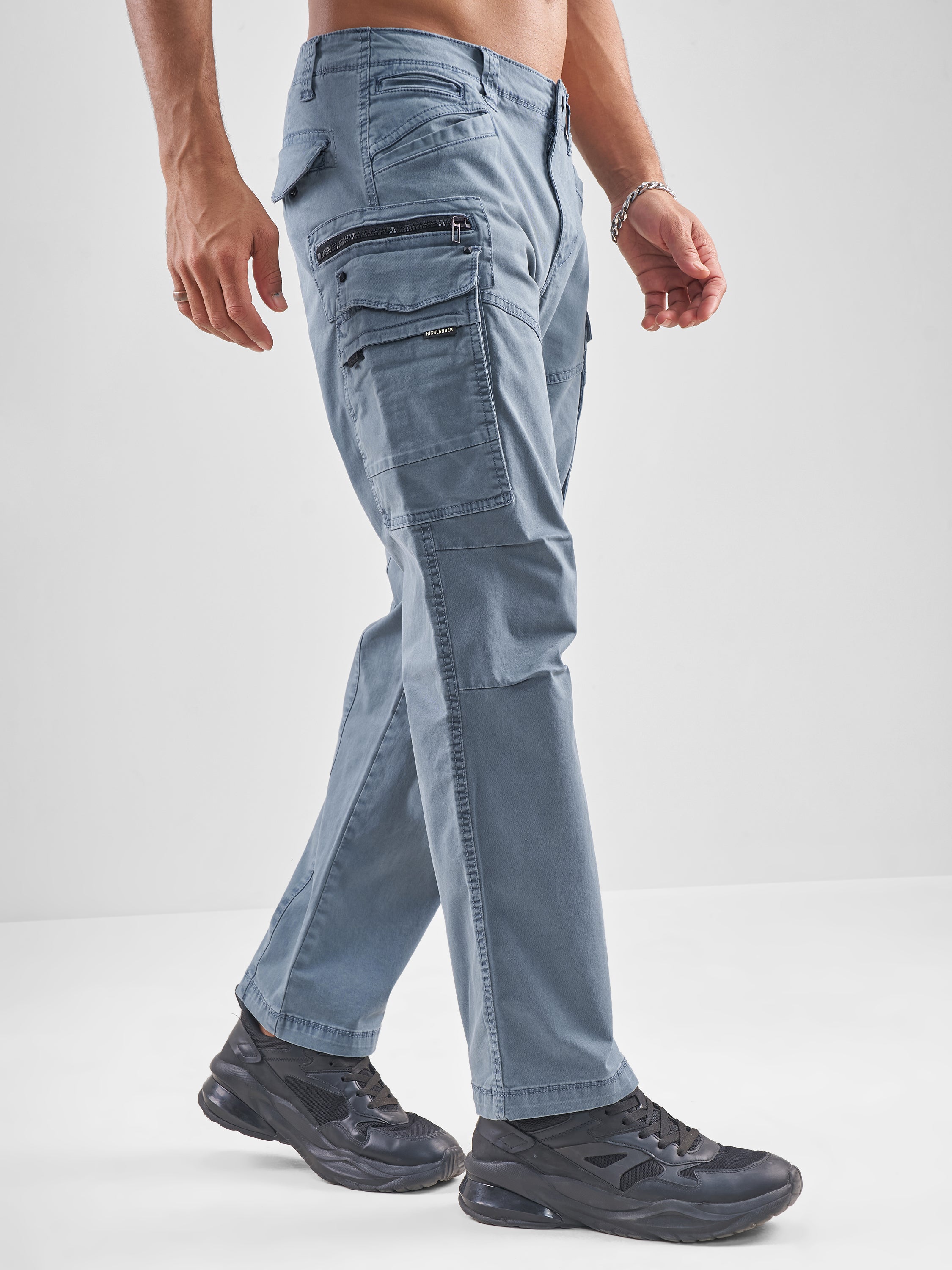 Highlander Men Blue Relaxed Fit Solid Cargos - Blue - Image 6