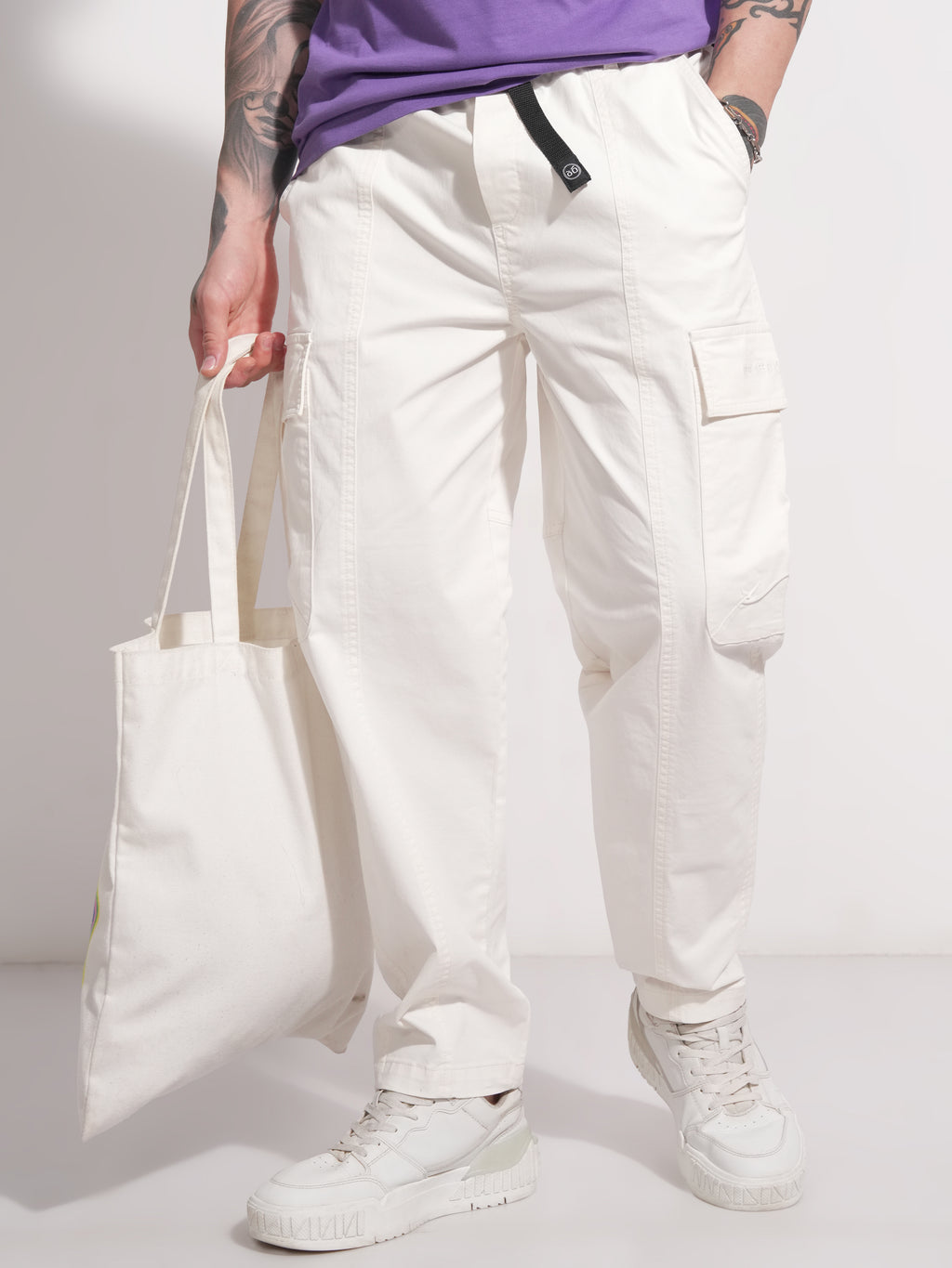 Highlander Men White Baggy Solid Cargo - White - Image 1