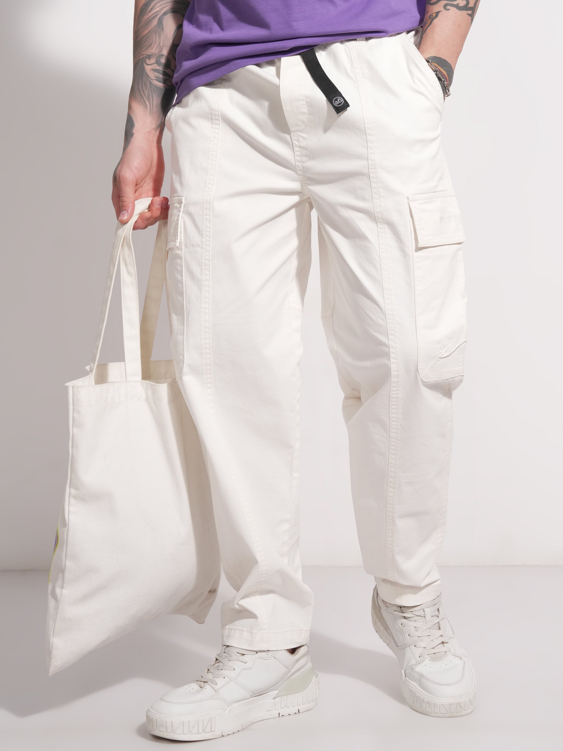Highlander Men White Baggy Solid Cargo - White - Image 1