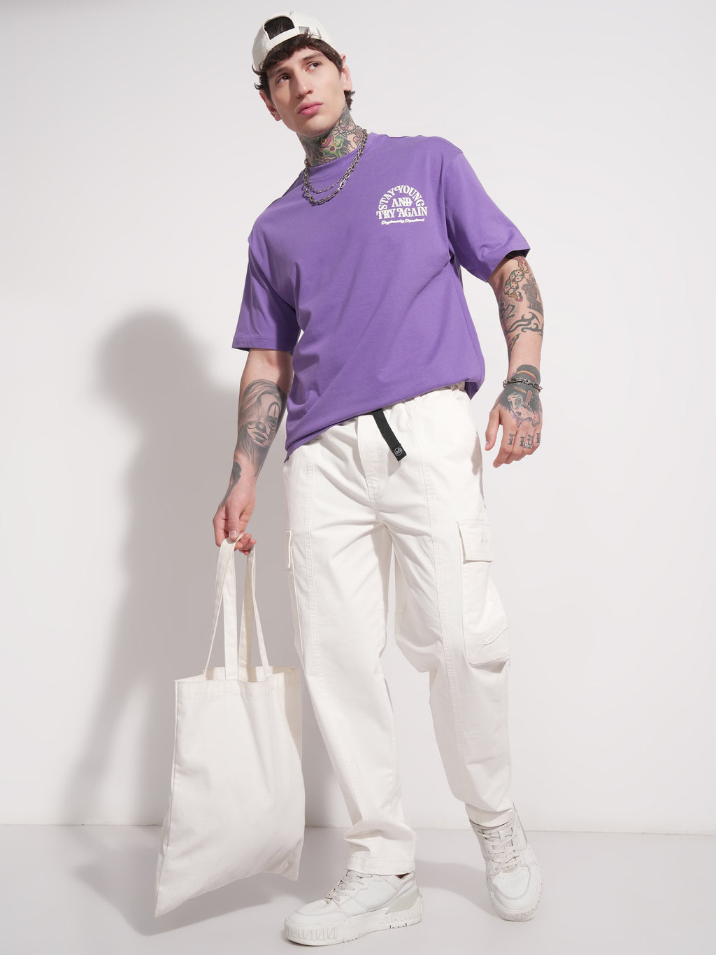 Highlander Men White Baggy Solid Cargo - White - Image 2