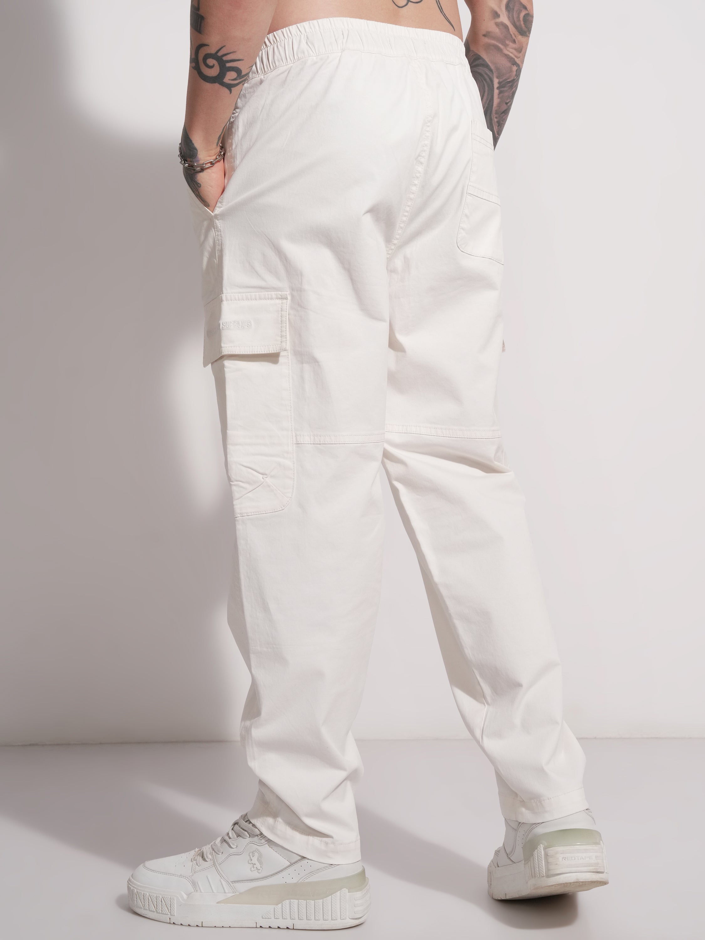 Highlander Men White Baggy Solid Cargo - White - Image 3