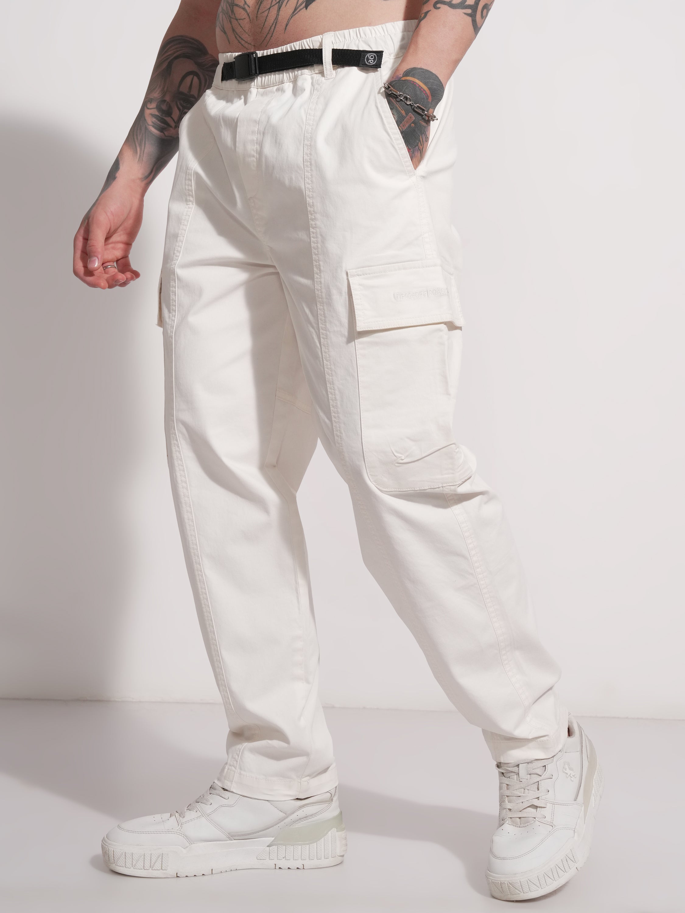 Highlander Men White Baggy Solid Cargo - White - Image 4