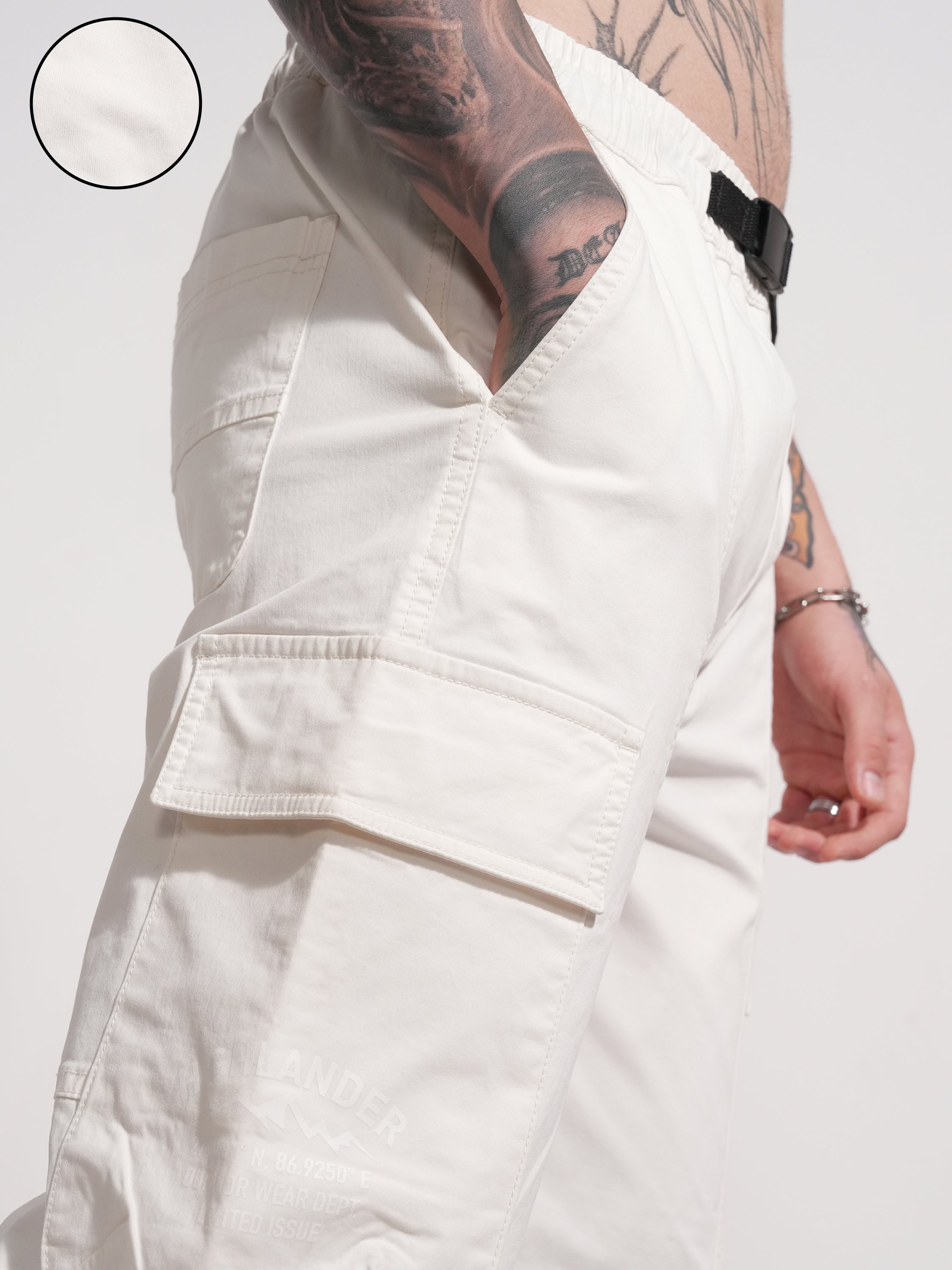 Highlander Men White Baggy Solid Cargo - White - Image 5