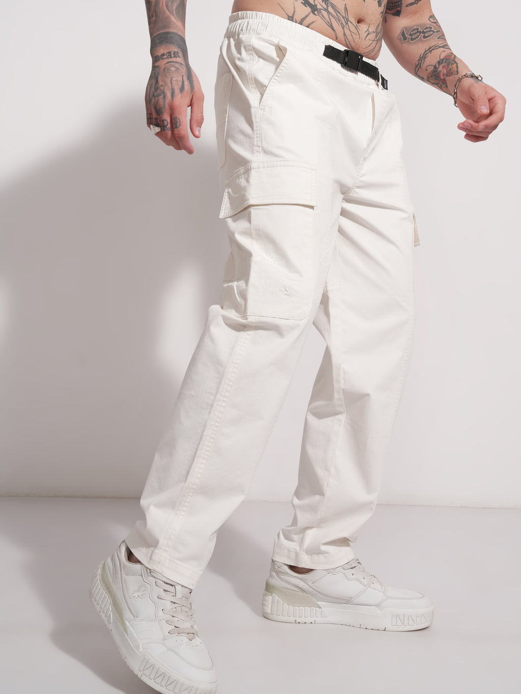 Highlander Men White Baggy Solid Cargo - White - Image 6