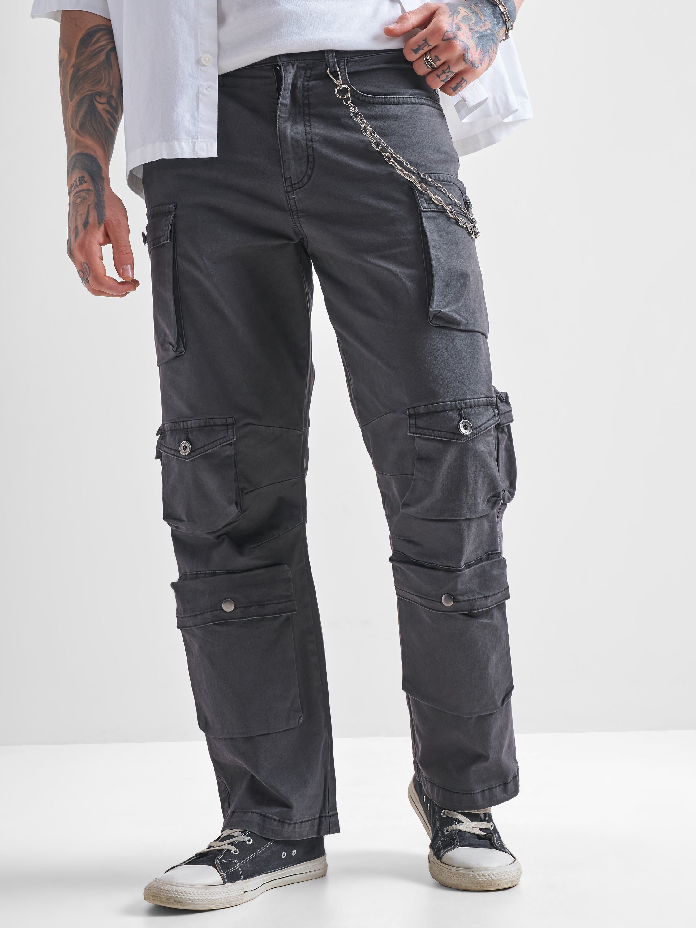 Highlander Men Charcoal Relaxed Fit Solid Cargos - Charcoal - Image 1