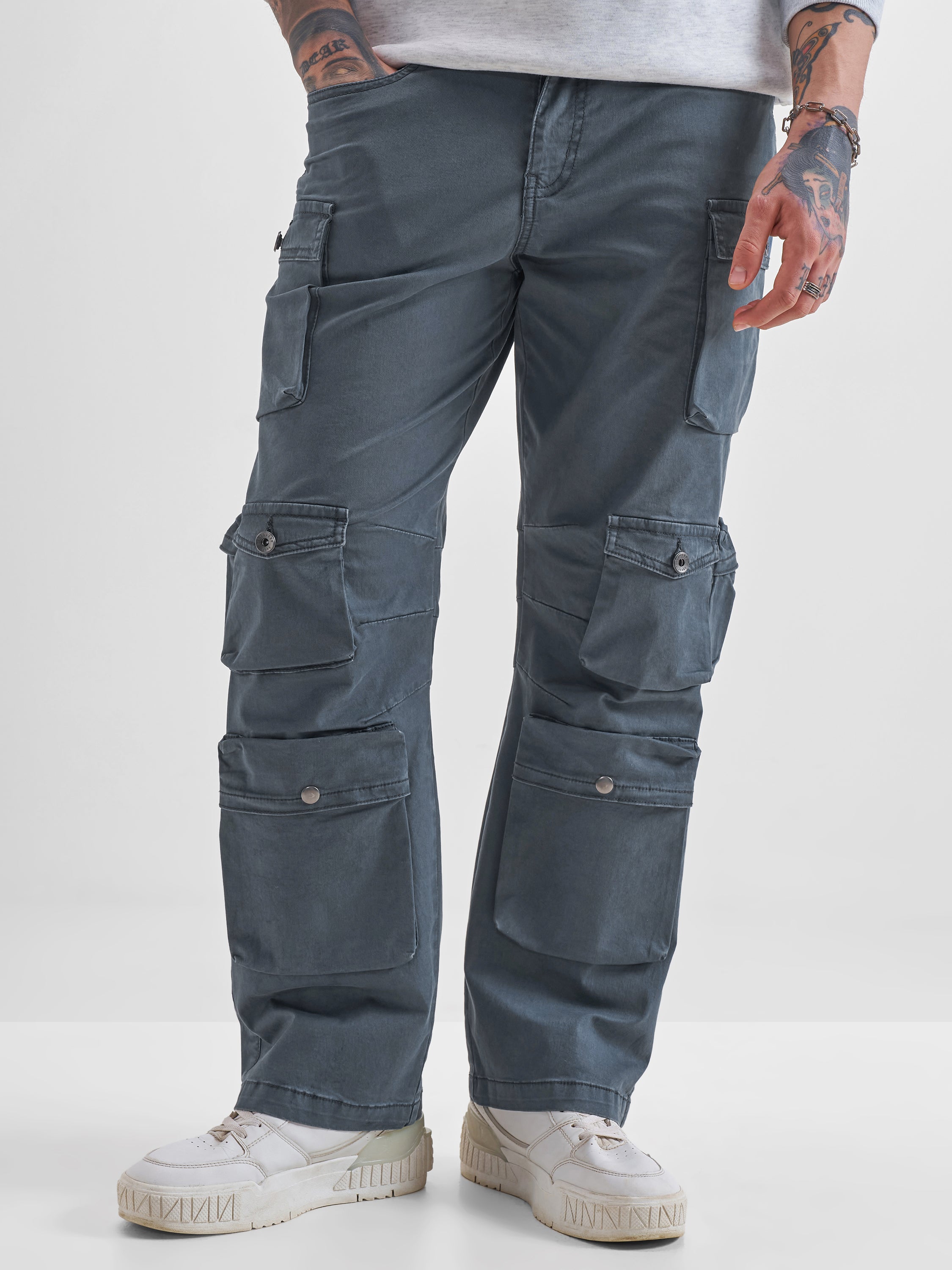 Highlander Men Blue Relaxed Fit Solid Cargos - Blue - Image 1