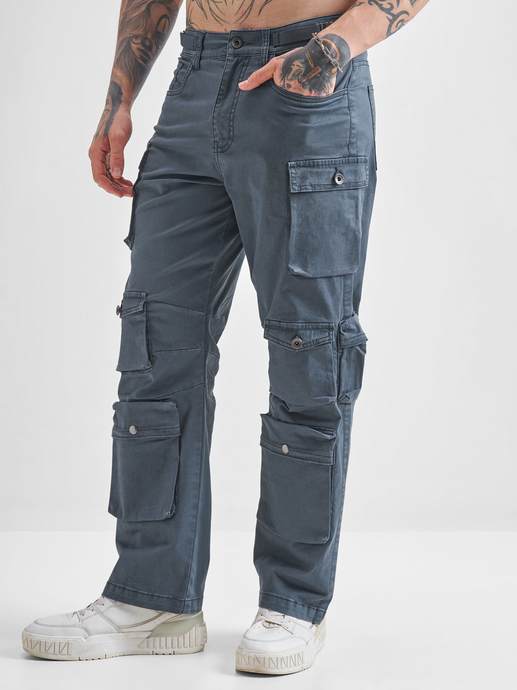 Highlander Men Blue Relaxed Fit Solid Cargos - Blue - Image 4