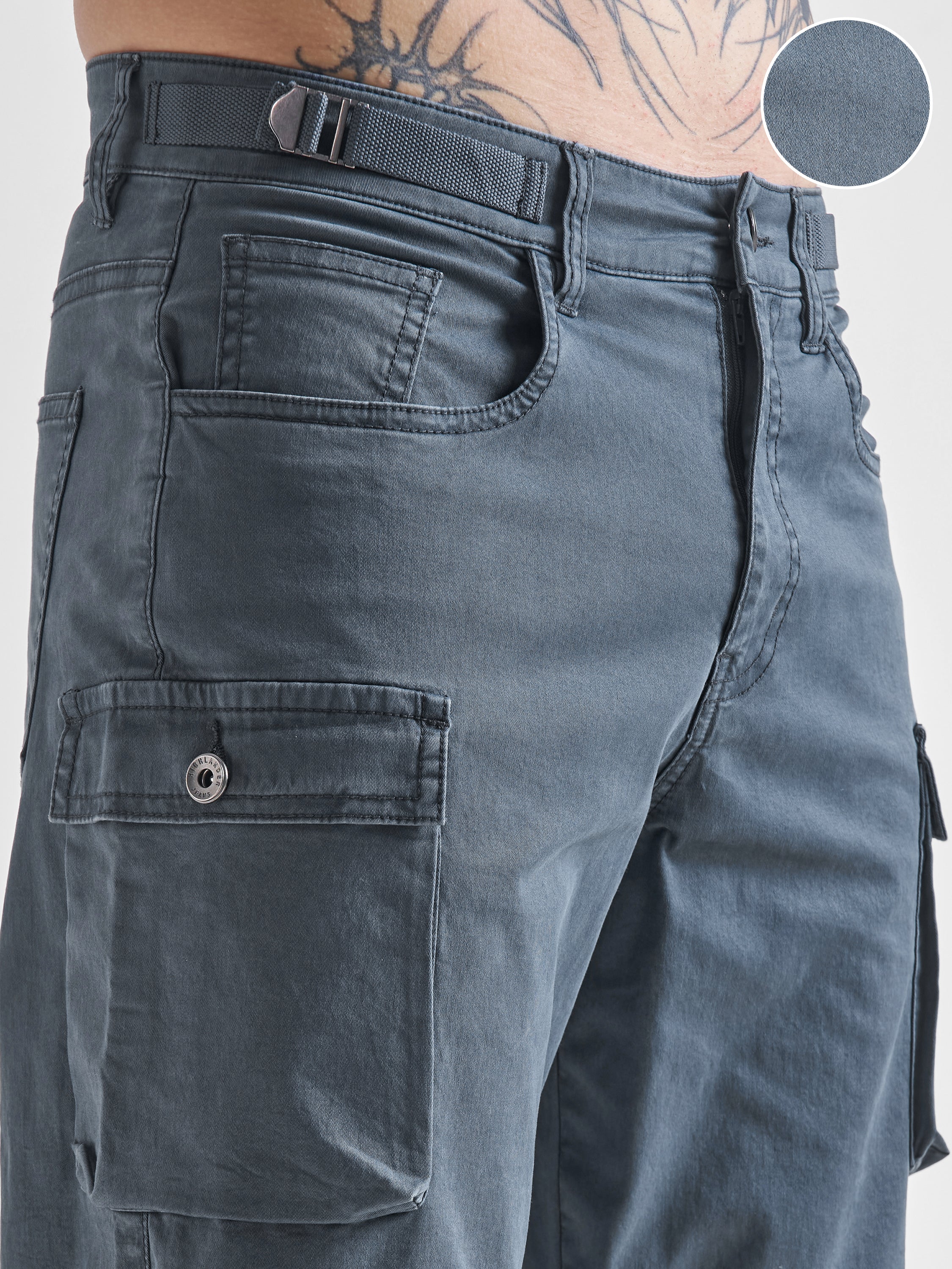 Highlander Men Blue Relaxed Fit Solid Cargos - Blue - Image 5