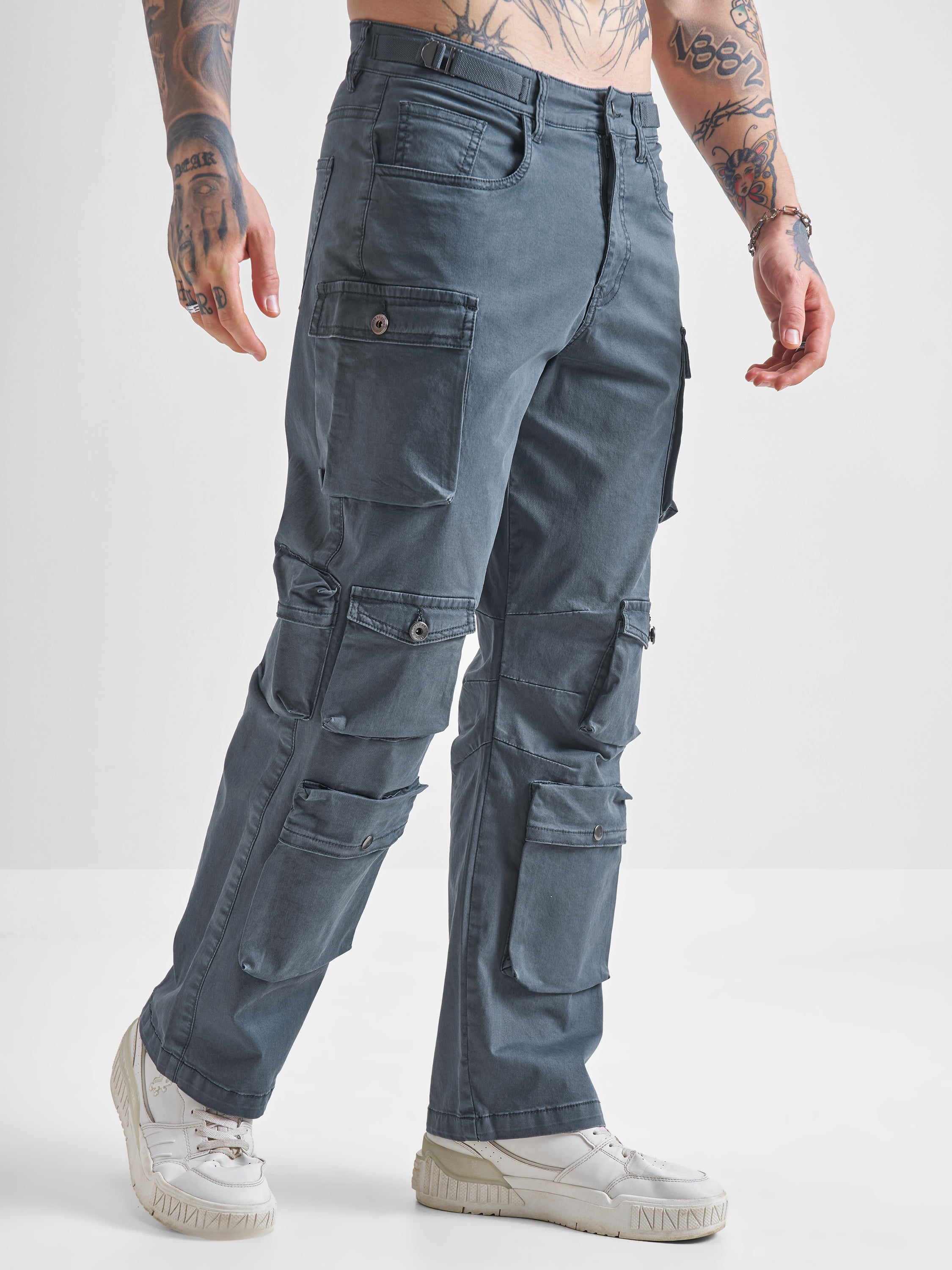 Highlander Men Blue Relaxed Fit Solid Cargos - Blue - Image 6
