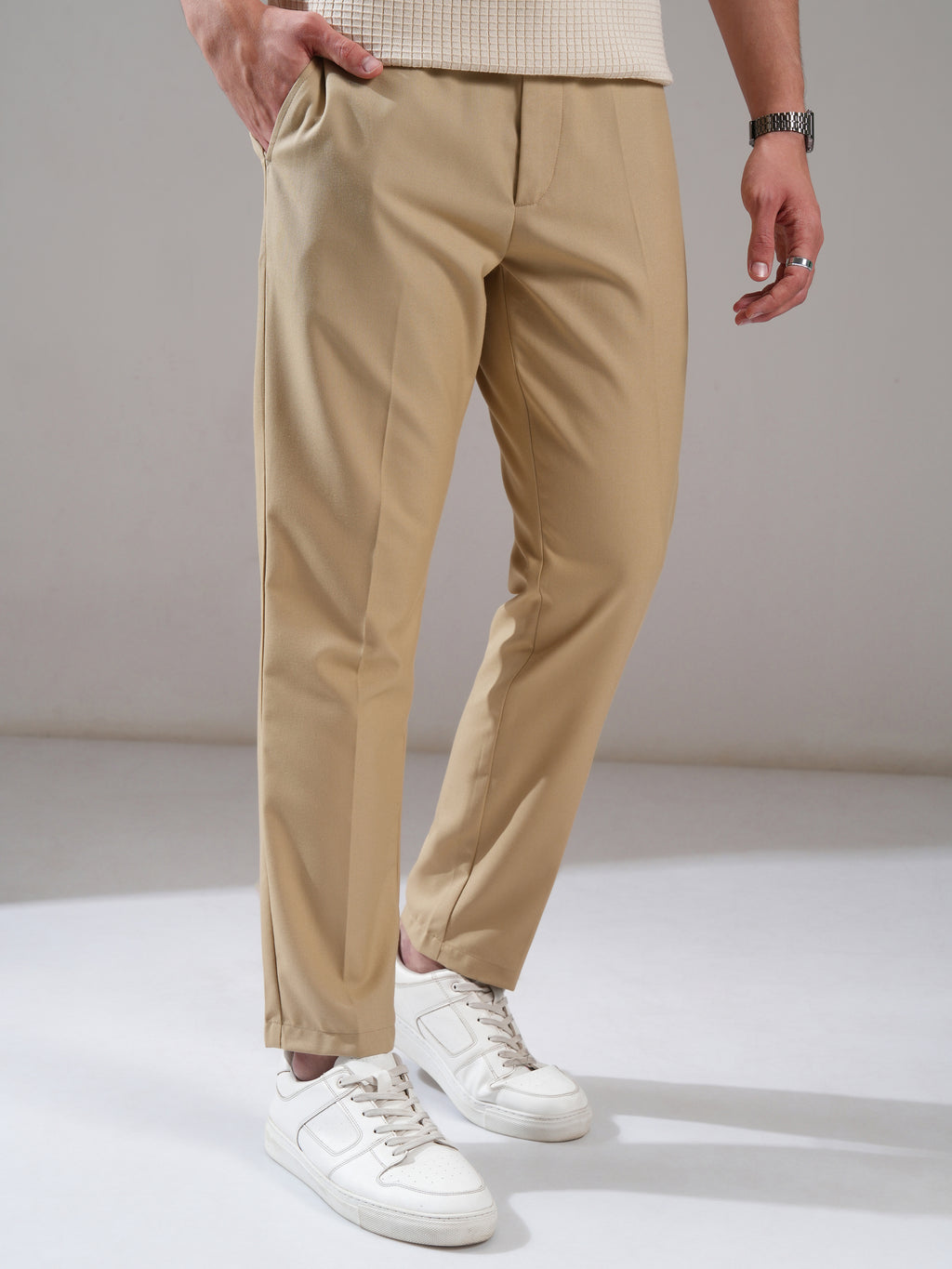 Highlander Men Taupe Relaxed Fit Solid Casual Trouser - Taupe - Image 1