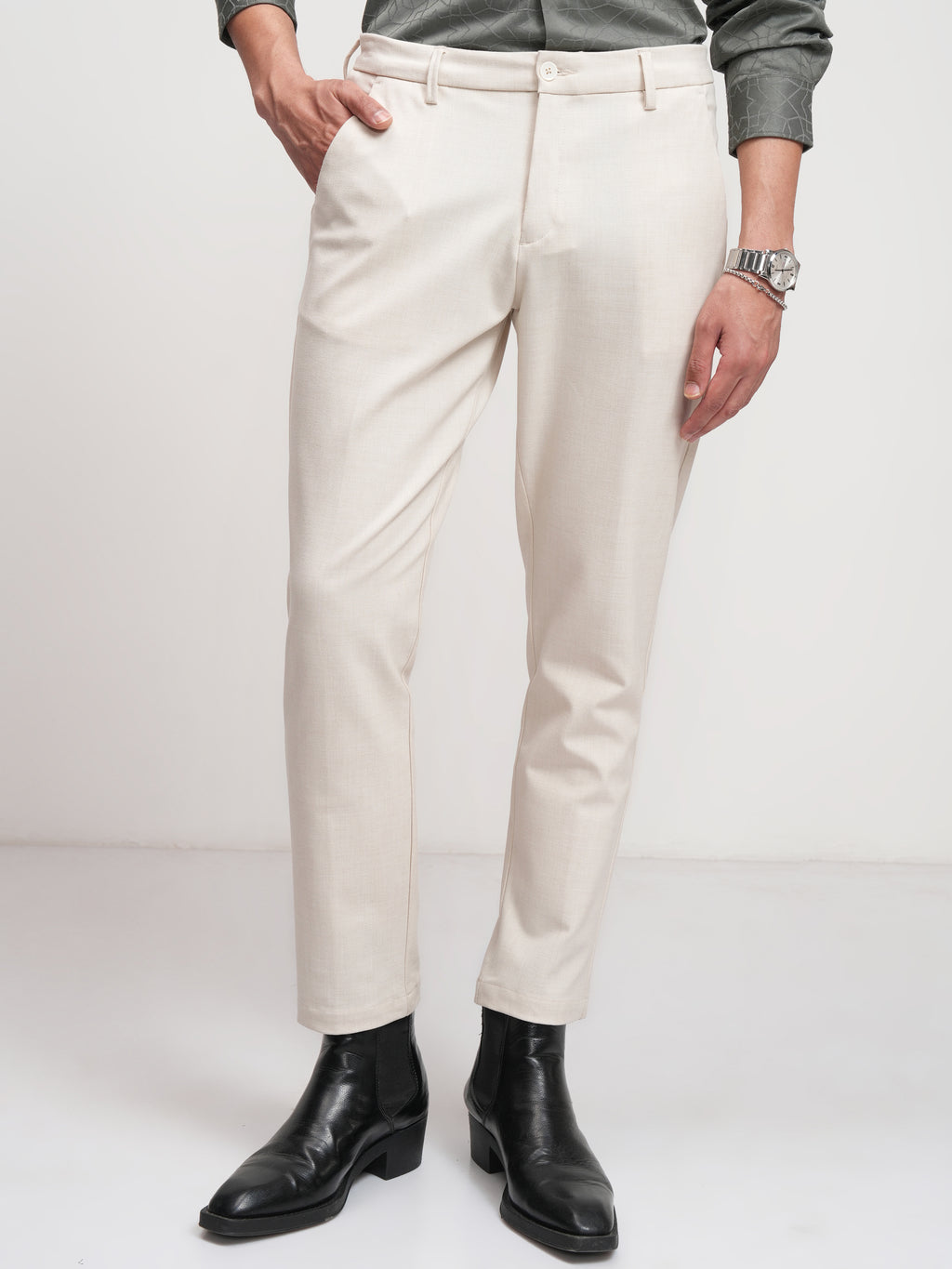 Highlander Men Off White Slim Fit Solid Formal Trouser - Off White - Image 1