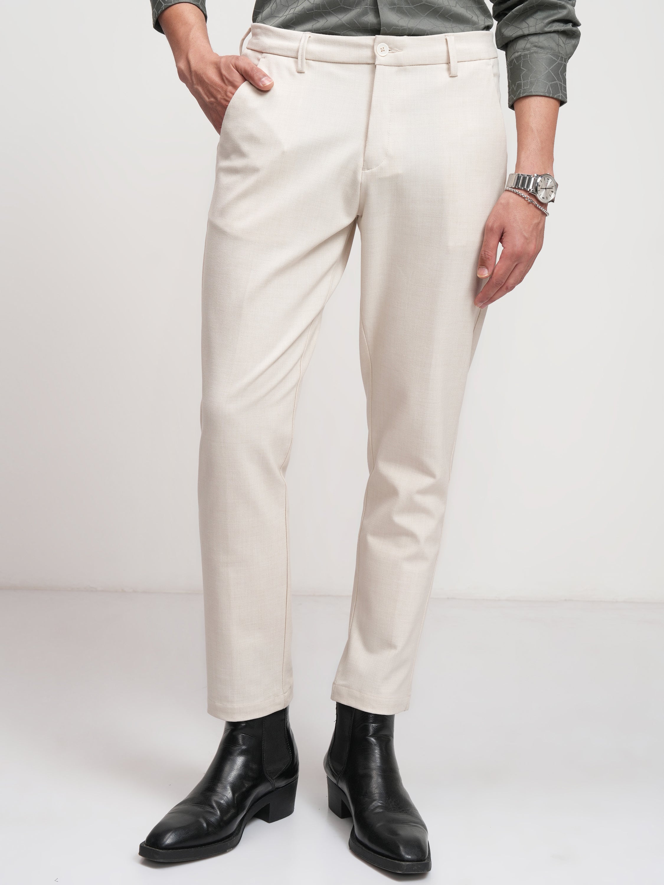 Highlander Men Off White Slim Fit Solid Formal Trouser - Off White - Image 1
