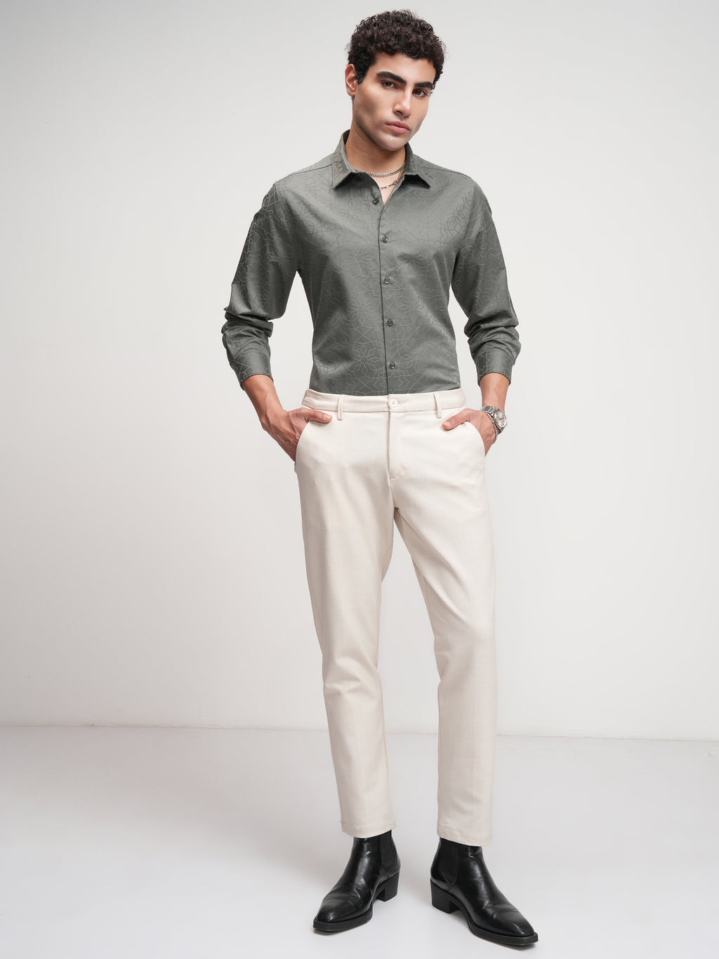 Highlander Men Off White Slim Fit Solid Formal Trouser - Off White - Image 2