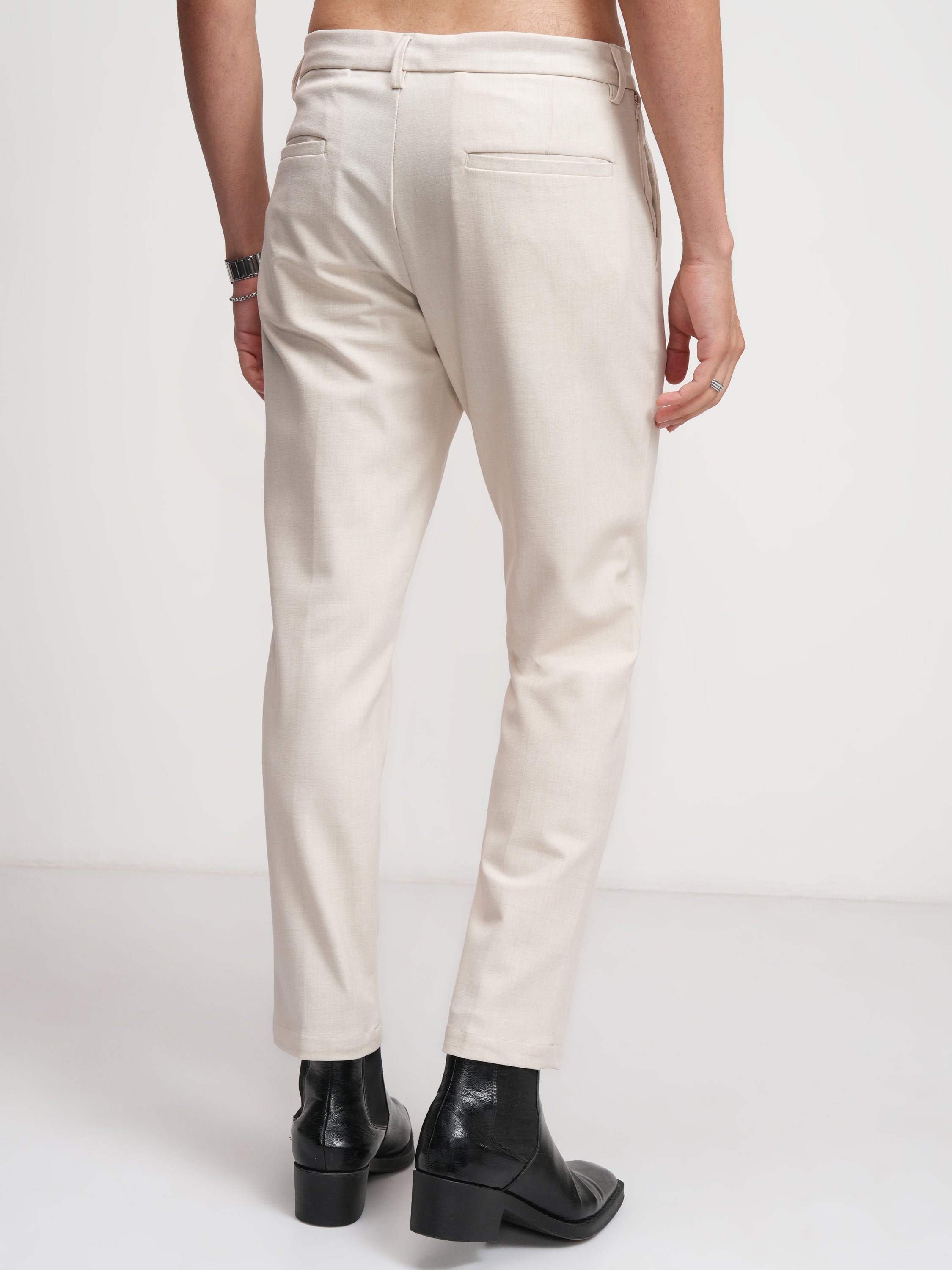 Highlander Men Off White Slim Fit Solid Formal Trouser - Off White - Image 3