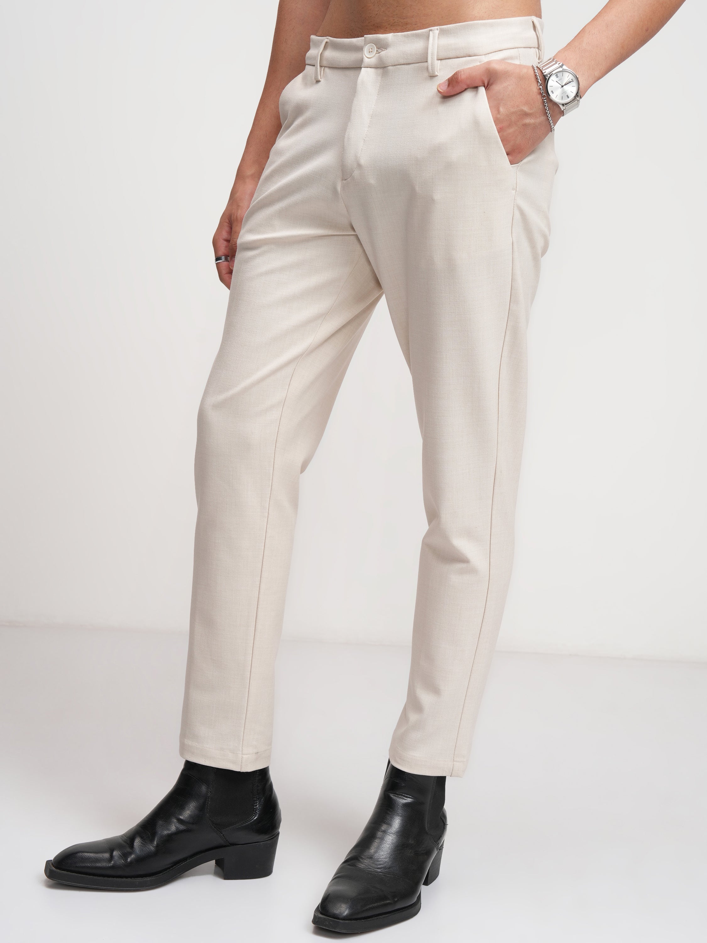 Highlander Men Off White Slim Fit Solid Formal Trouser - Off White - Image 4
