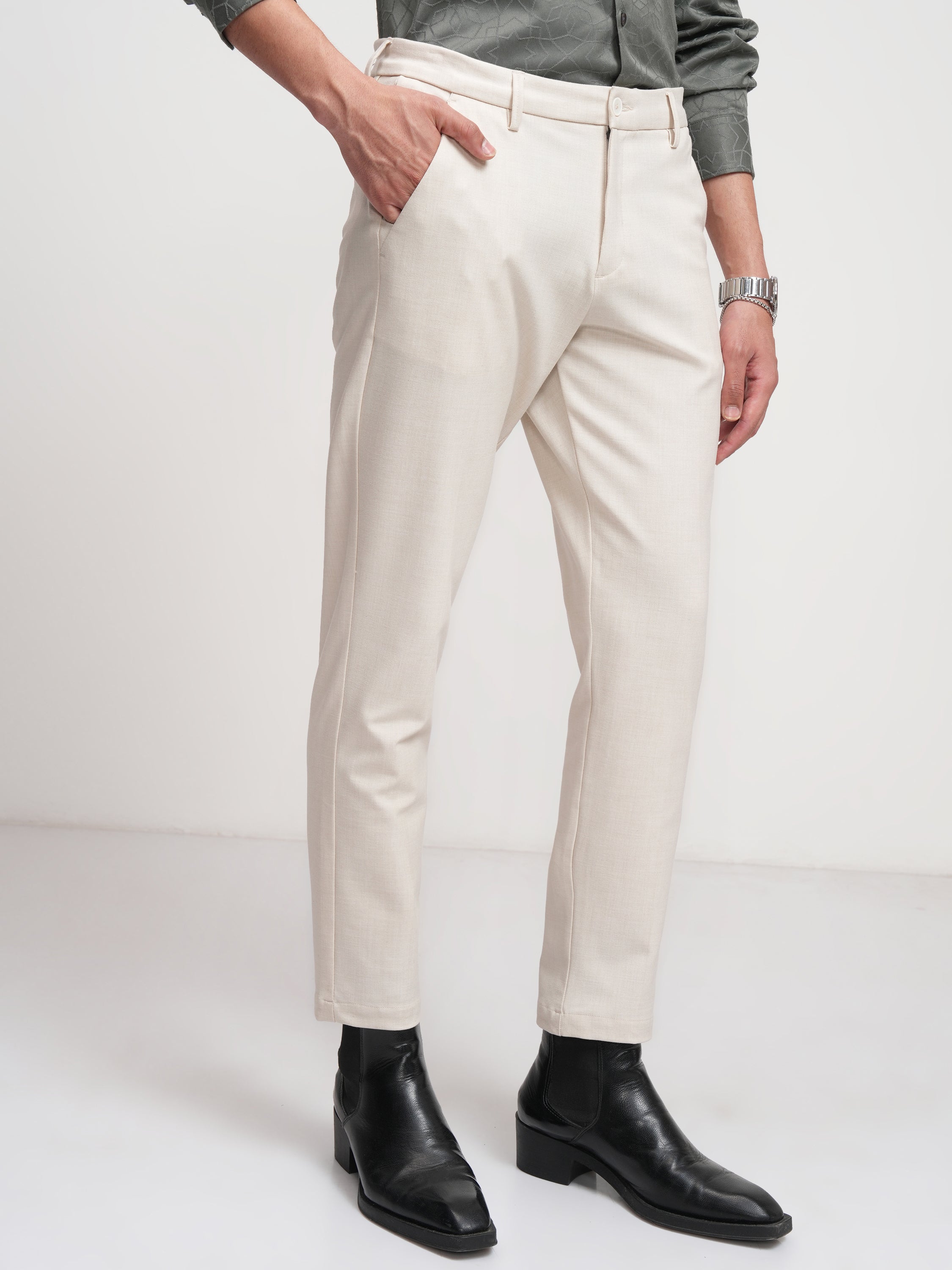 Highlander Men Off White Slim Fit Solid Formal Trouser - Off White - Image 6