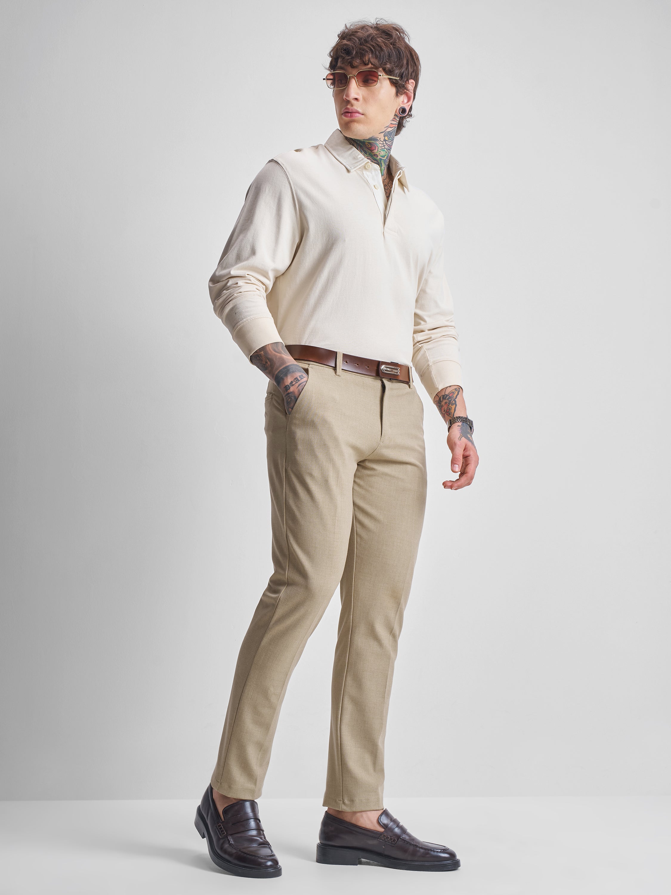 Highlander Men Khaki Slim Fit Solid Formal Trousers - Khaki - Image 2