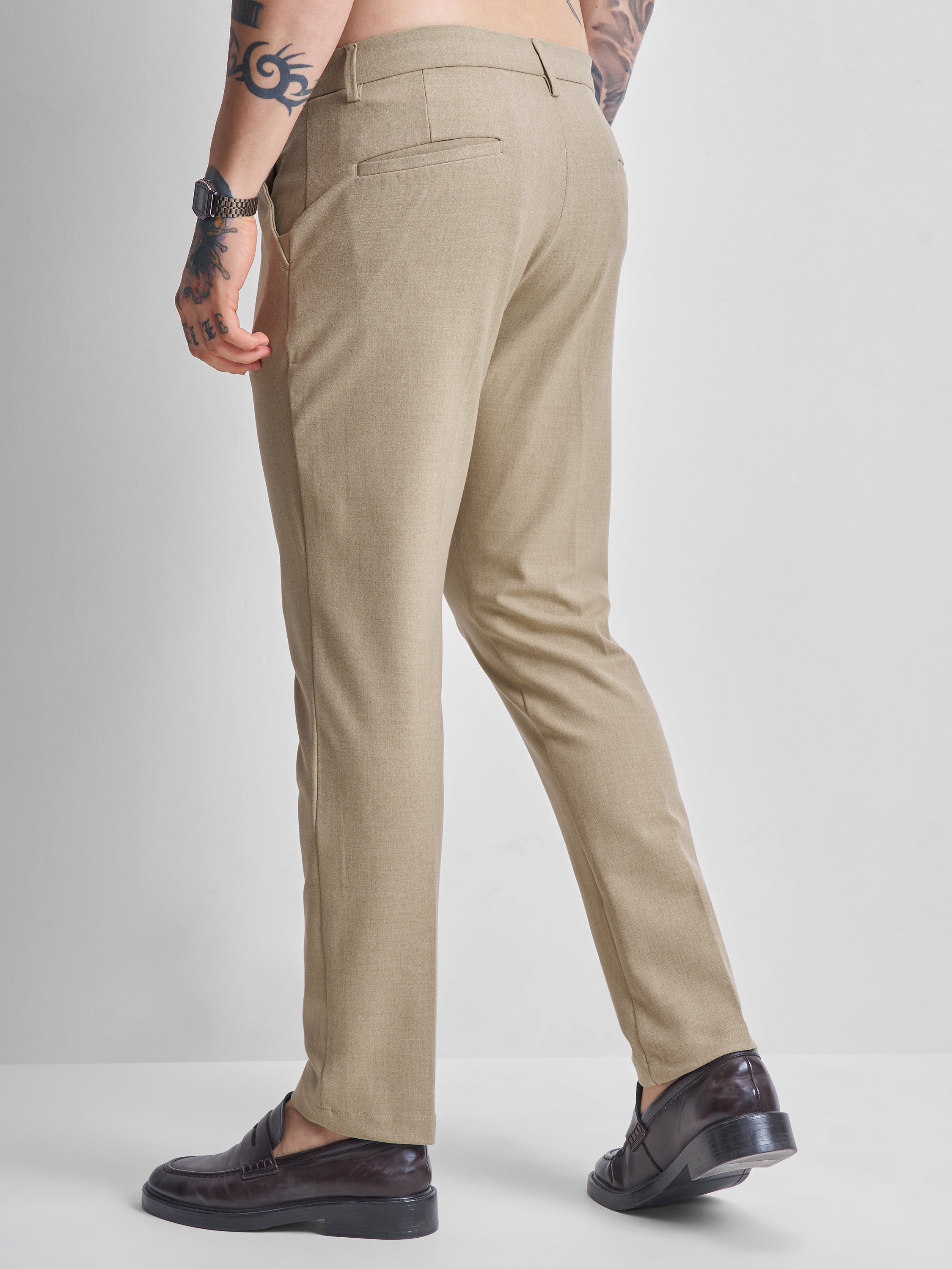 Highlander Men Khaki Slim Fit Solid Formal Trousers - Khaki - Image 3