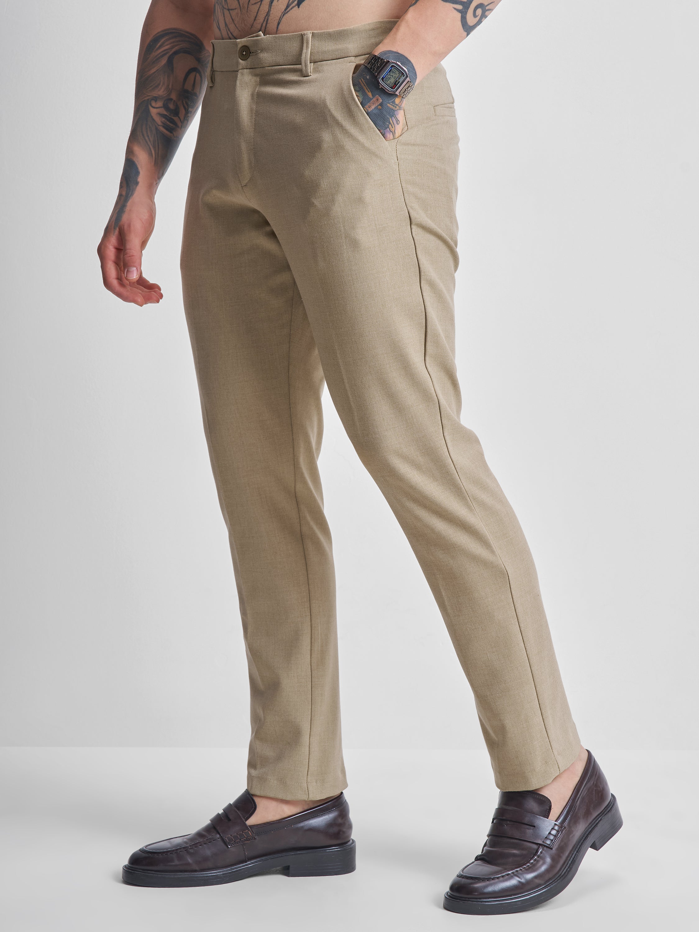 Highlander Men Khaki Slim Fit Solid Formal Trousers - Khaki - Image 4