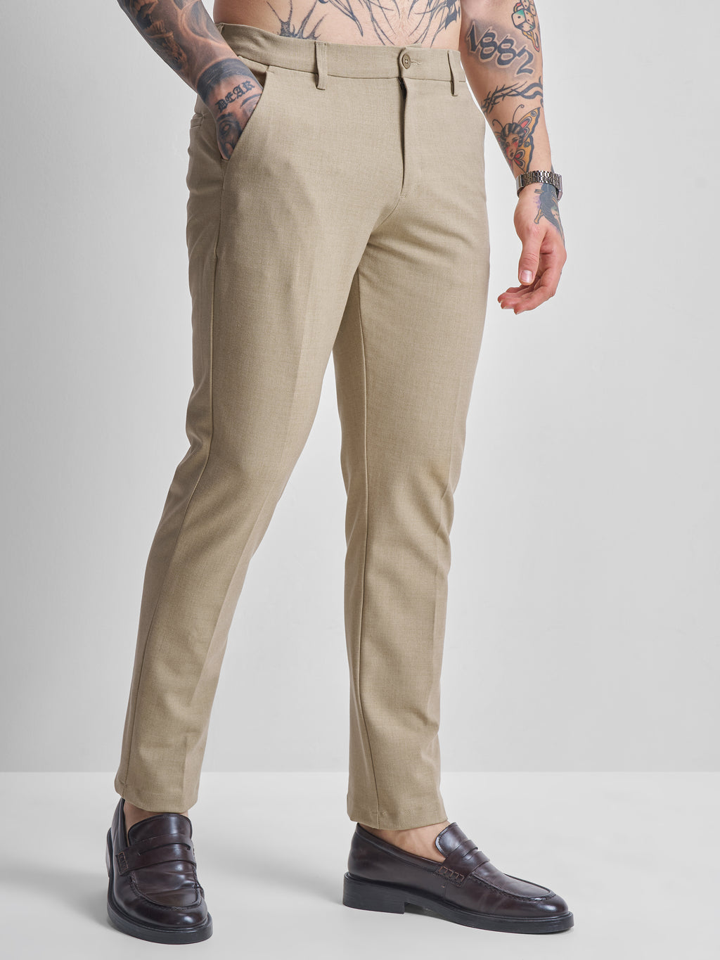 Highlander Men Khaki Slim Fit Solid Formal Trousers - Khaki - Image 6