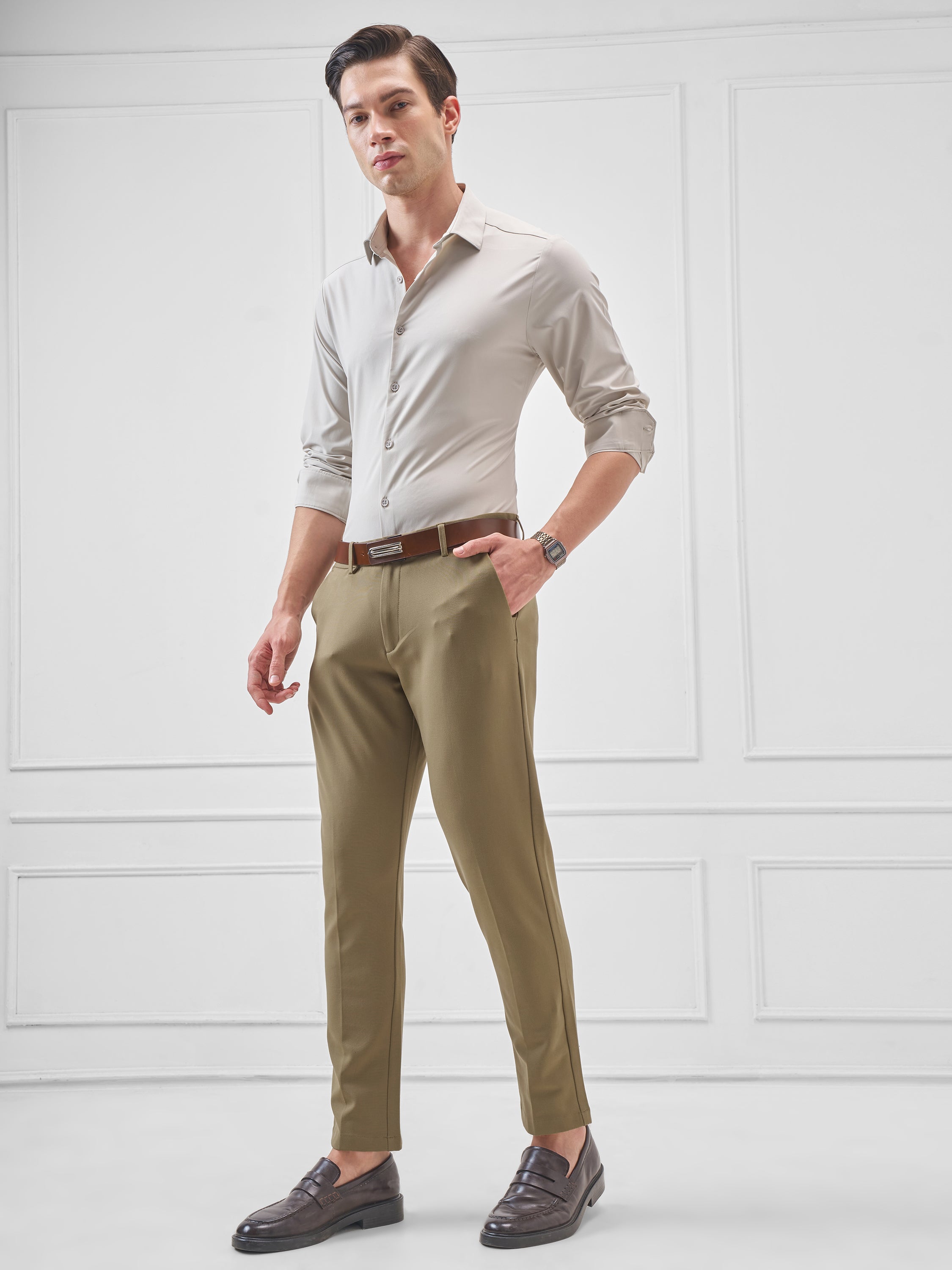 Highlander Men Olive Slim Fit Solid Formal Trouser - Olive - Image 2