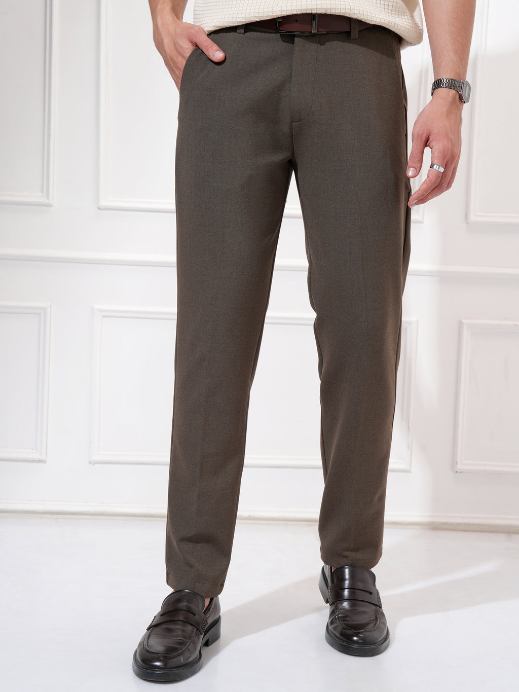 Highlander Men Khaki Slim Fit Solid Casual Trouser - Khaki - Image 1