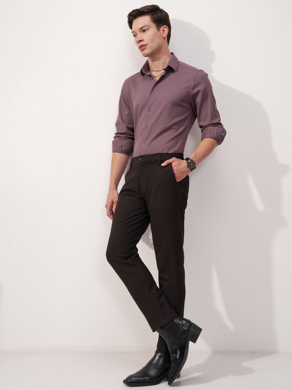 Highlander Men Purple Slim Fit Solid Formal Trouser - Purple - Image 2