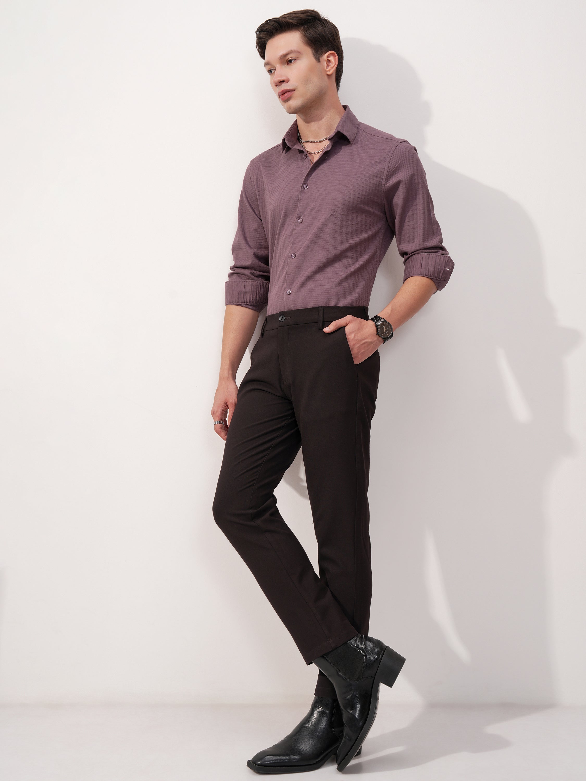 Highlander Men Purple Slim Fit Solid Formal Trouser - Purple - Image 2