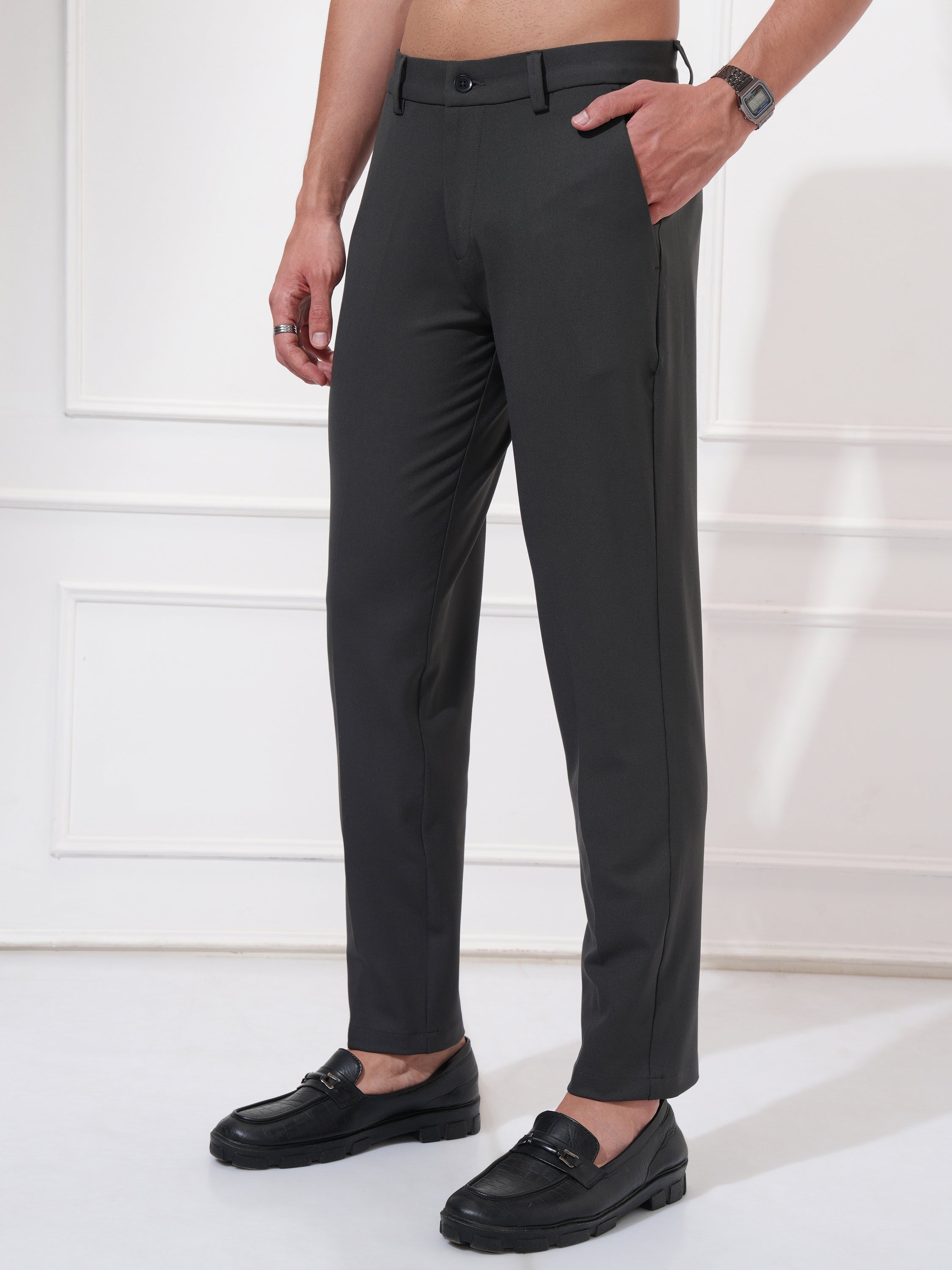 Highlander Men Charcoal Slim Fit Solid Casual Trouser - Charcoal - Image 4