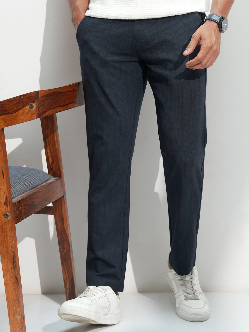 Highlander Men Navy Blue Slim Fit Solid Casual Trouser - Navy Blue - Image 1
