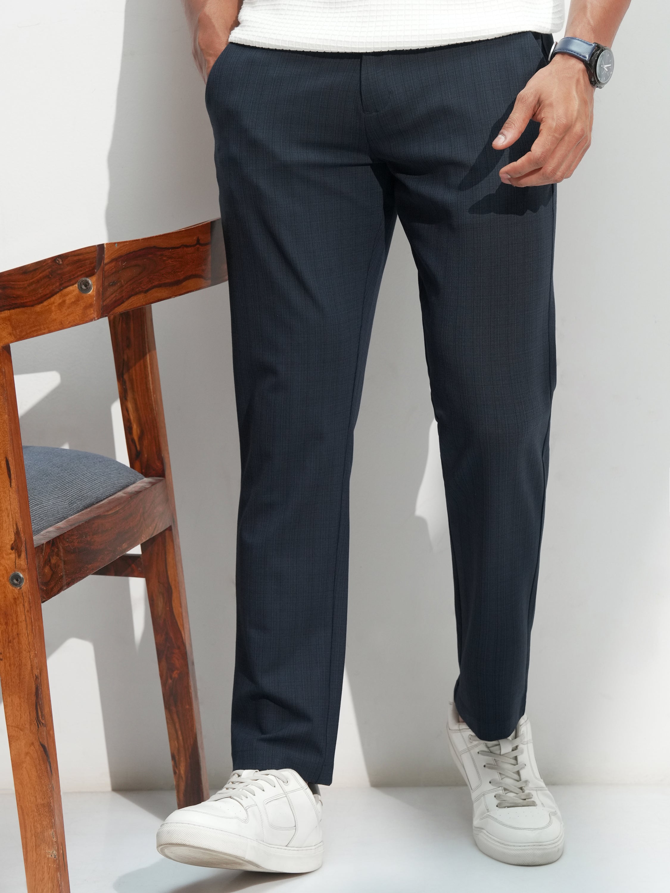 Highlander Men Navy Blue Slim Fit Solid Casual Trouser - Navy Blue - Image 1