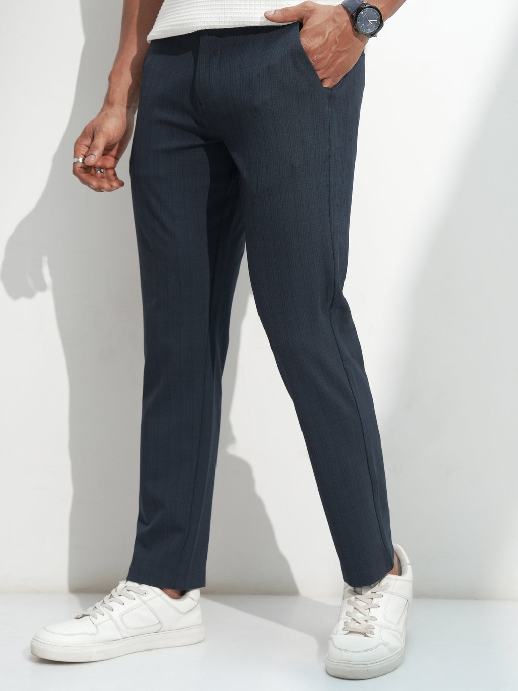 Highlander Men Navy Blue Slim Fit Solid Casual Trouser - Navy Blue - Image 4