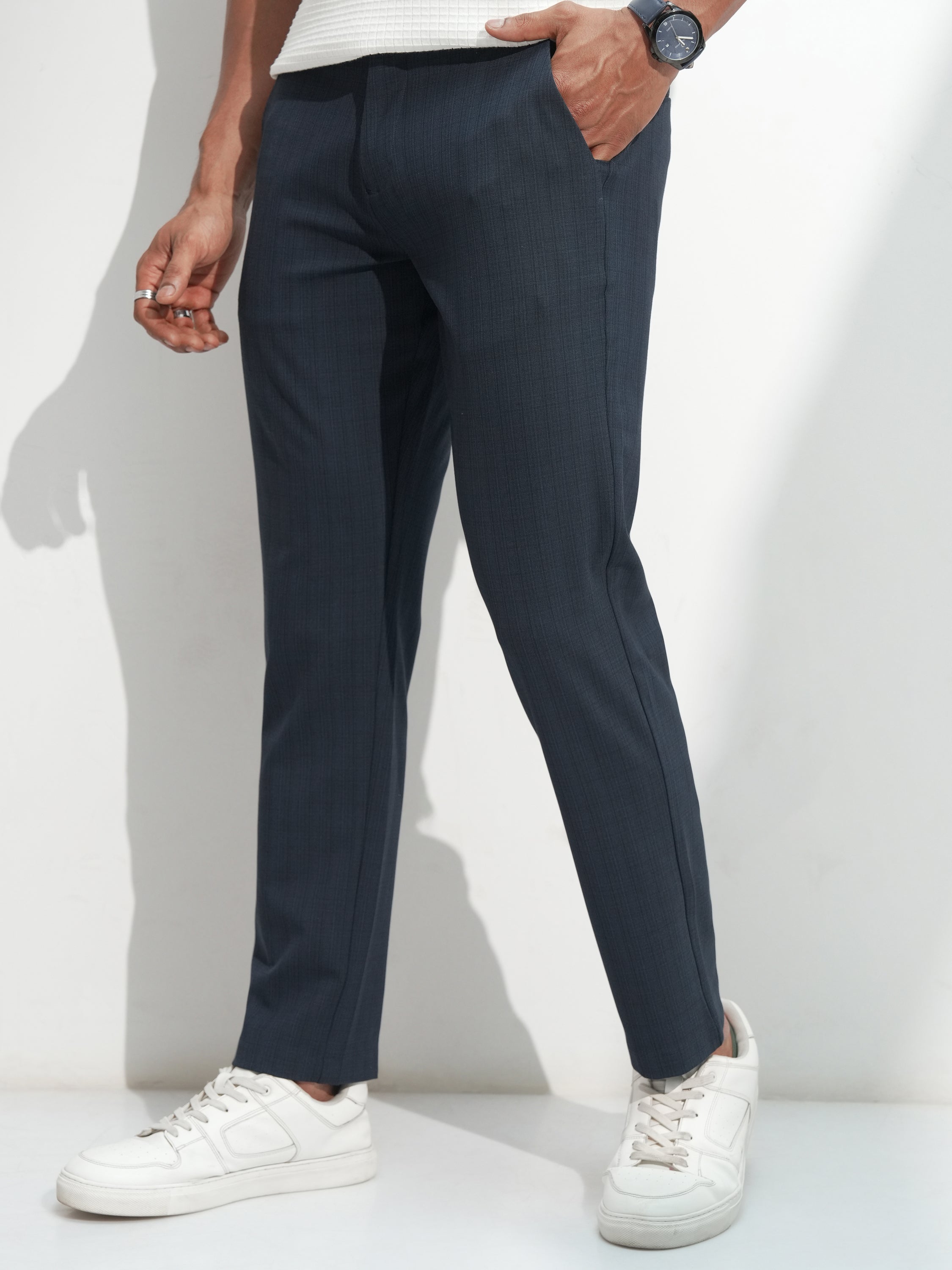 Highlander Men Navy Blue Slim Fit Solid Casual Trouser - Navy Blue - Image 4