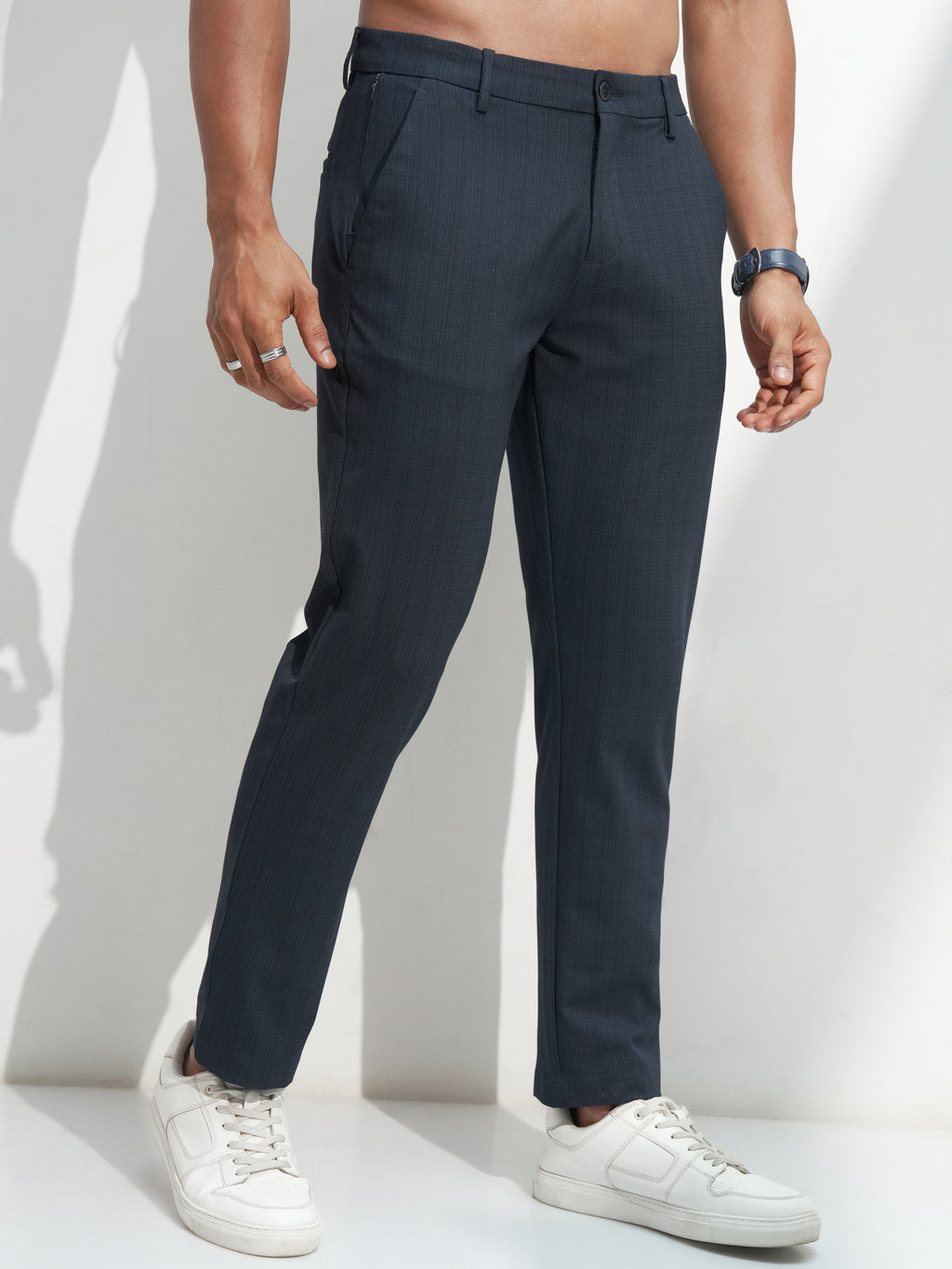 Highlander Men Navy Blue Slim Fit Solid Casual Trouser - Navy Blue - Image 6