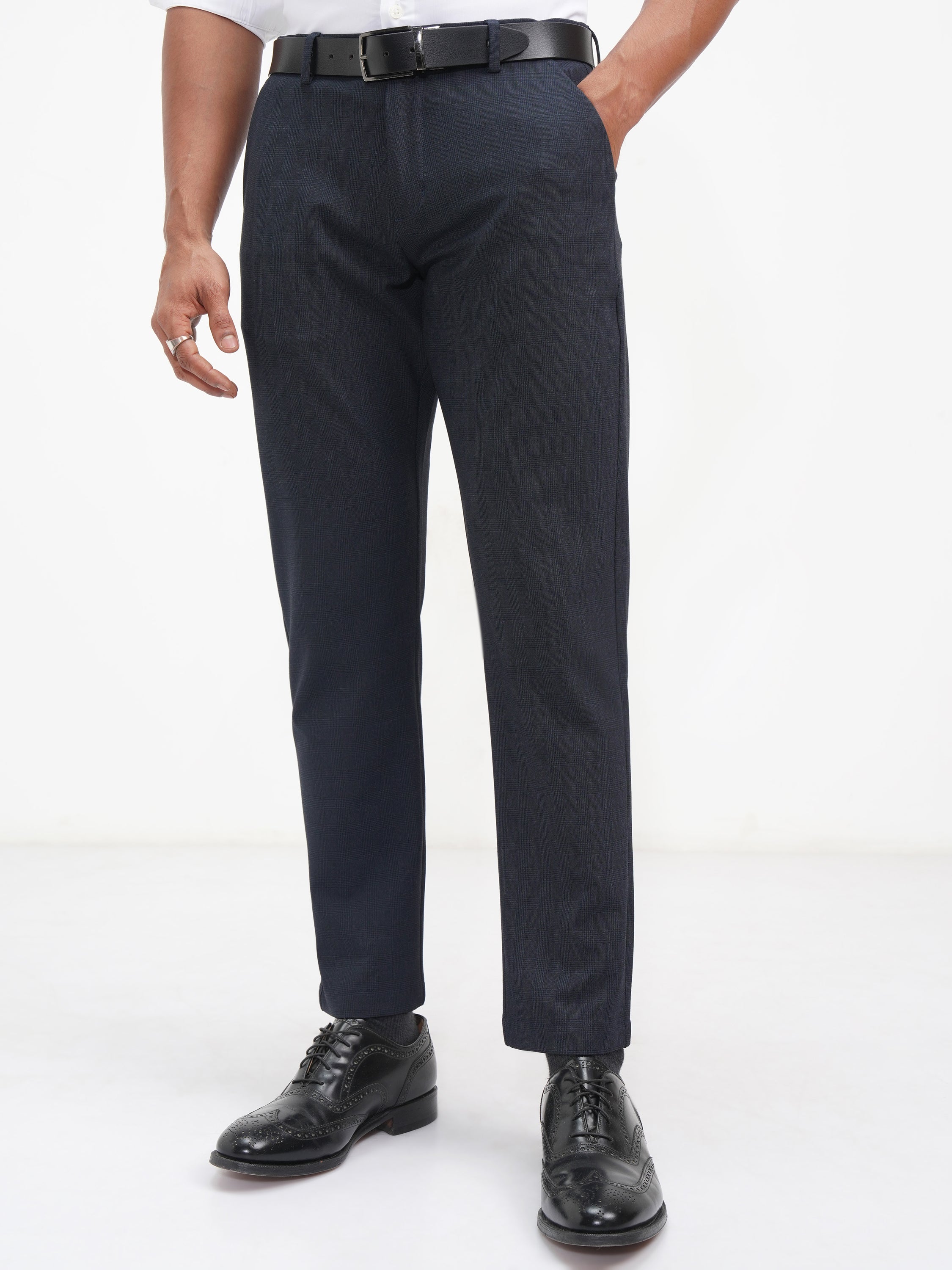Highlander Men Navy Blue Slim Fit Checked Casual Trouser - Navy Blue - Image 1