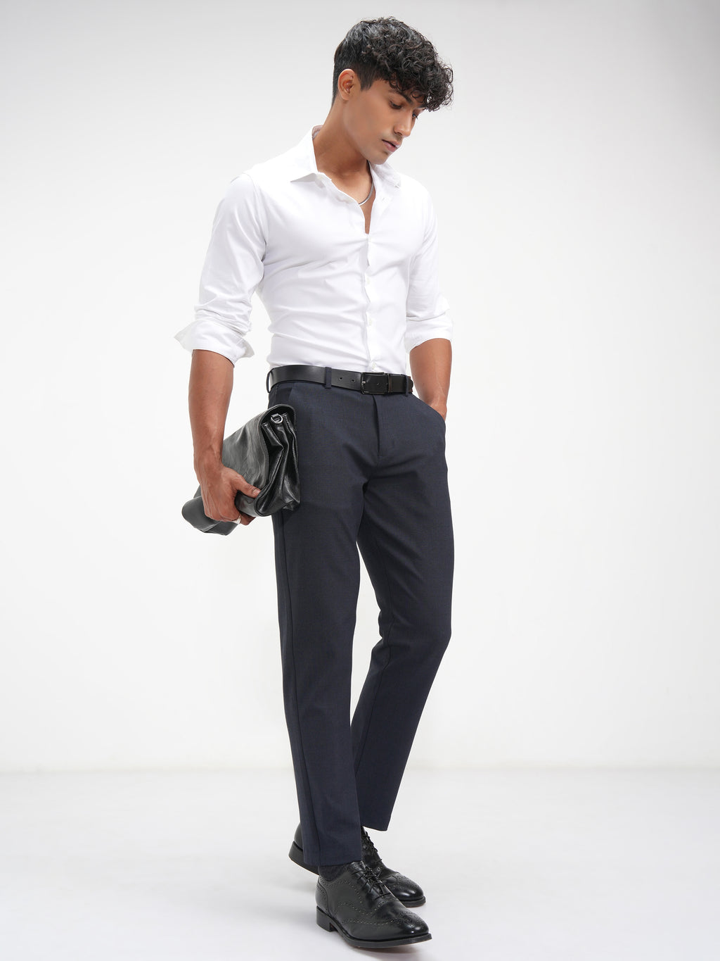 Highlander Men Navy Blue Slim Fit Checked Casual Trouser - Navy Blue - Image 2