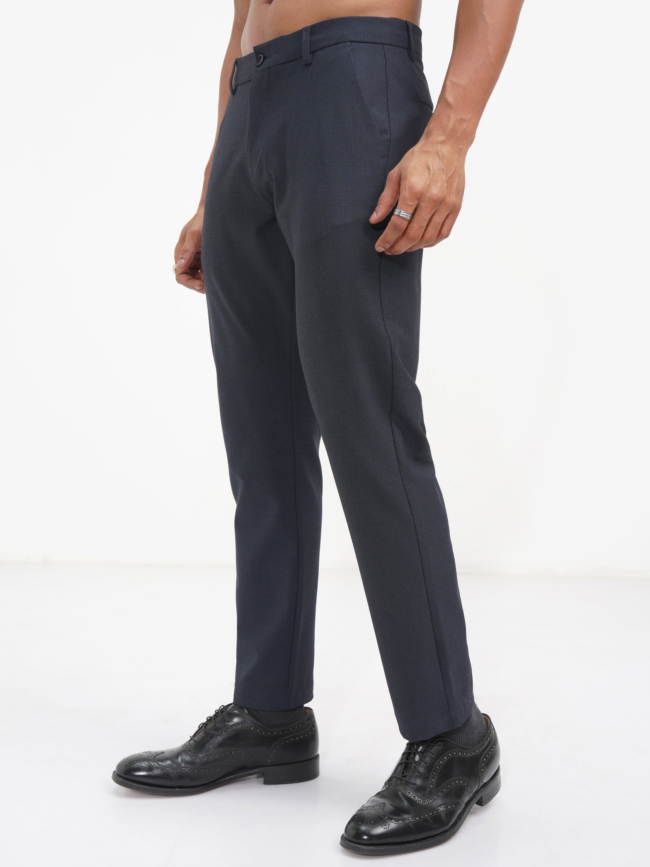 Highlander Men Navy Blue Slim Fit Checked Casual Trouser - Navy Blue - Image 4