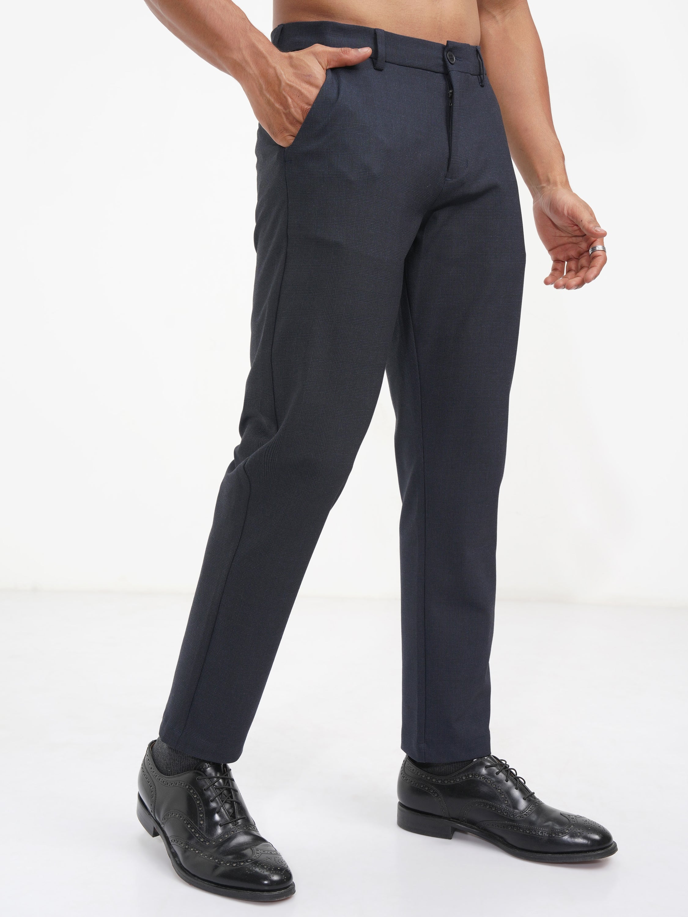Highlander Men Navy Blue Slim Fit Checked Casual Trouser - Navy Blue - Image 6